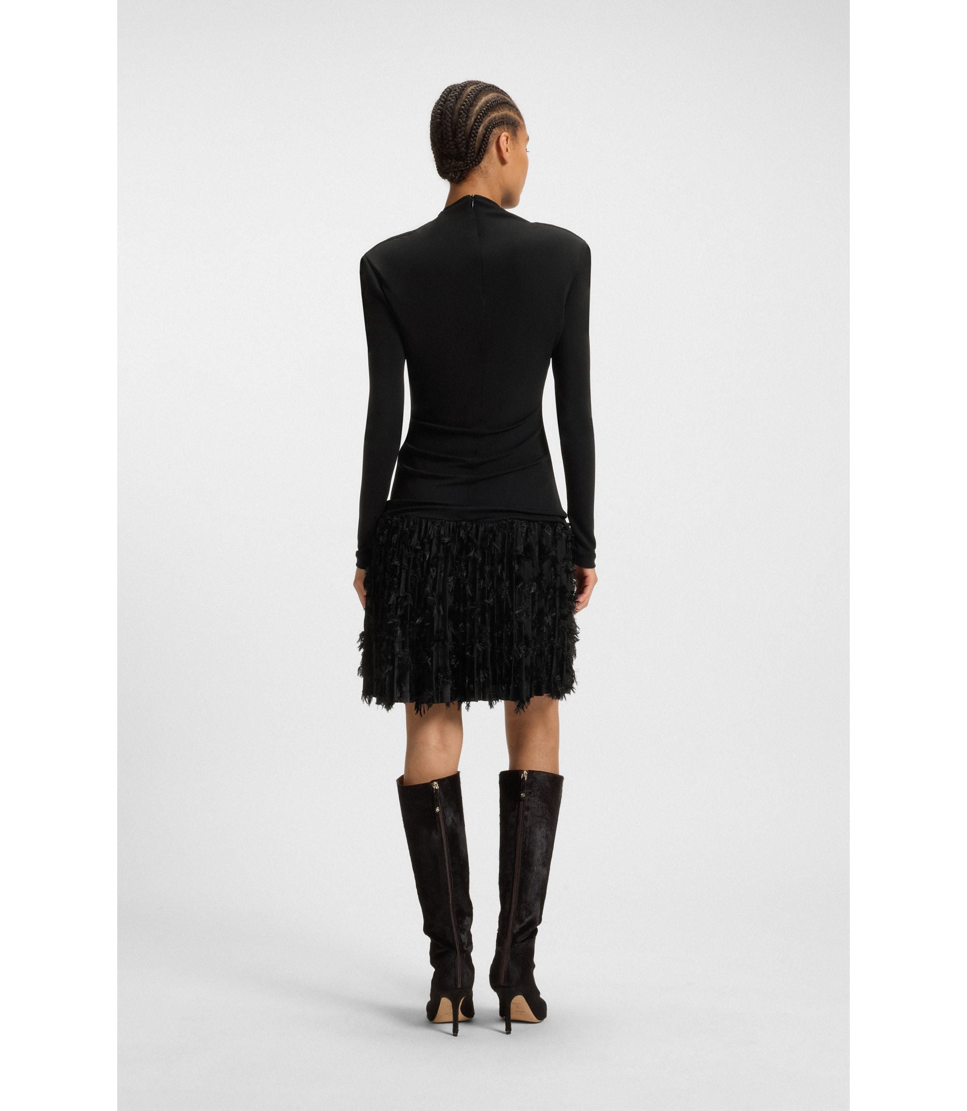 Boss Jersey Dress With Feathered Pliss Pleats Black Women's