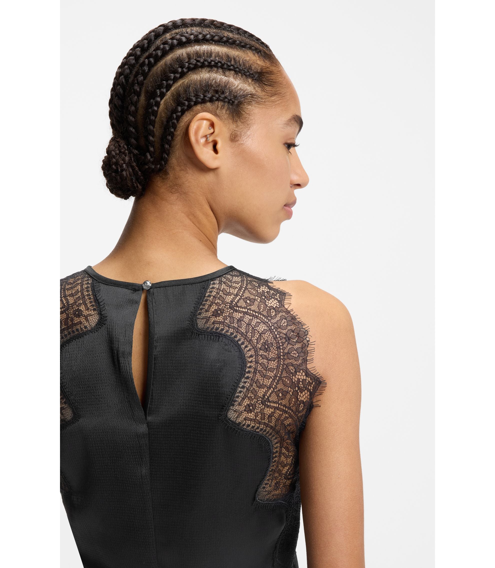 Boss Lace Trim Dress In Seersucker Satin Black Women's