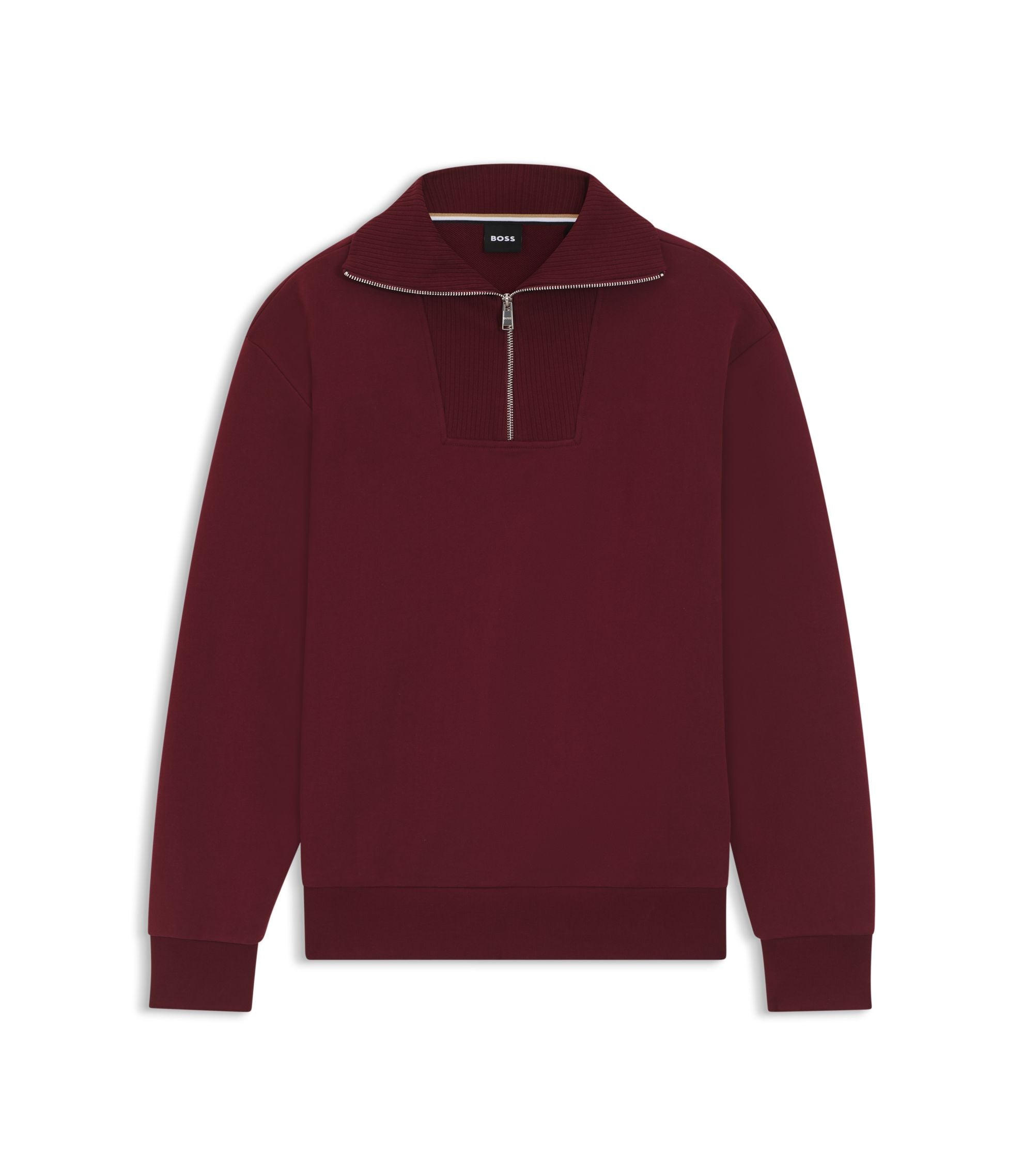 Boss Peached Cotton Sweatshirt With Ribbed Zip Neck Dark Red
