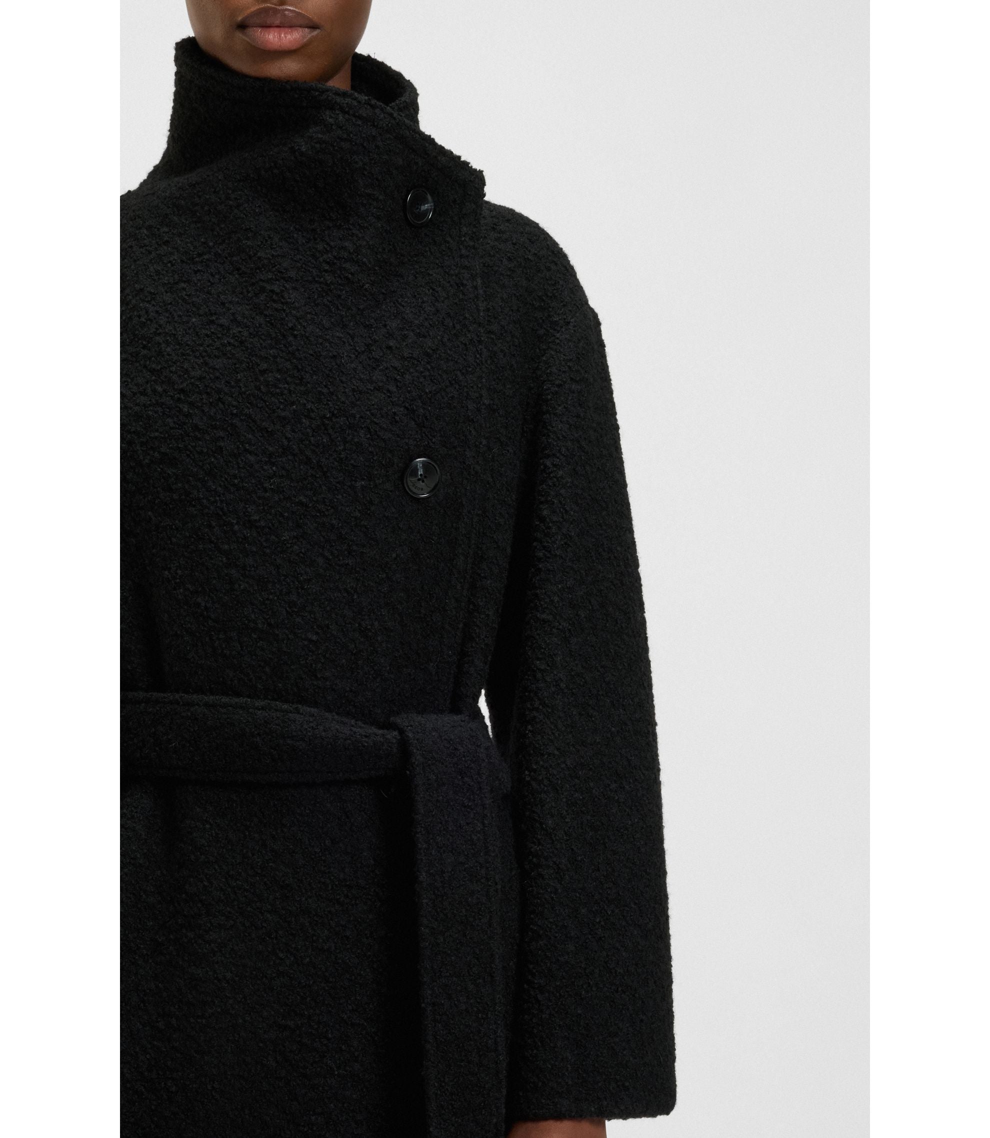 Boss Boucl Coat With Stand Collar And Belt Black Women's