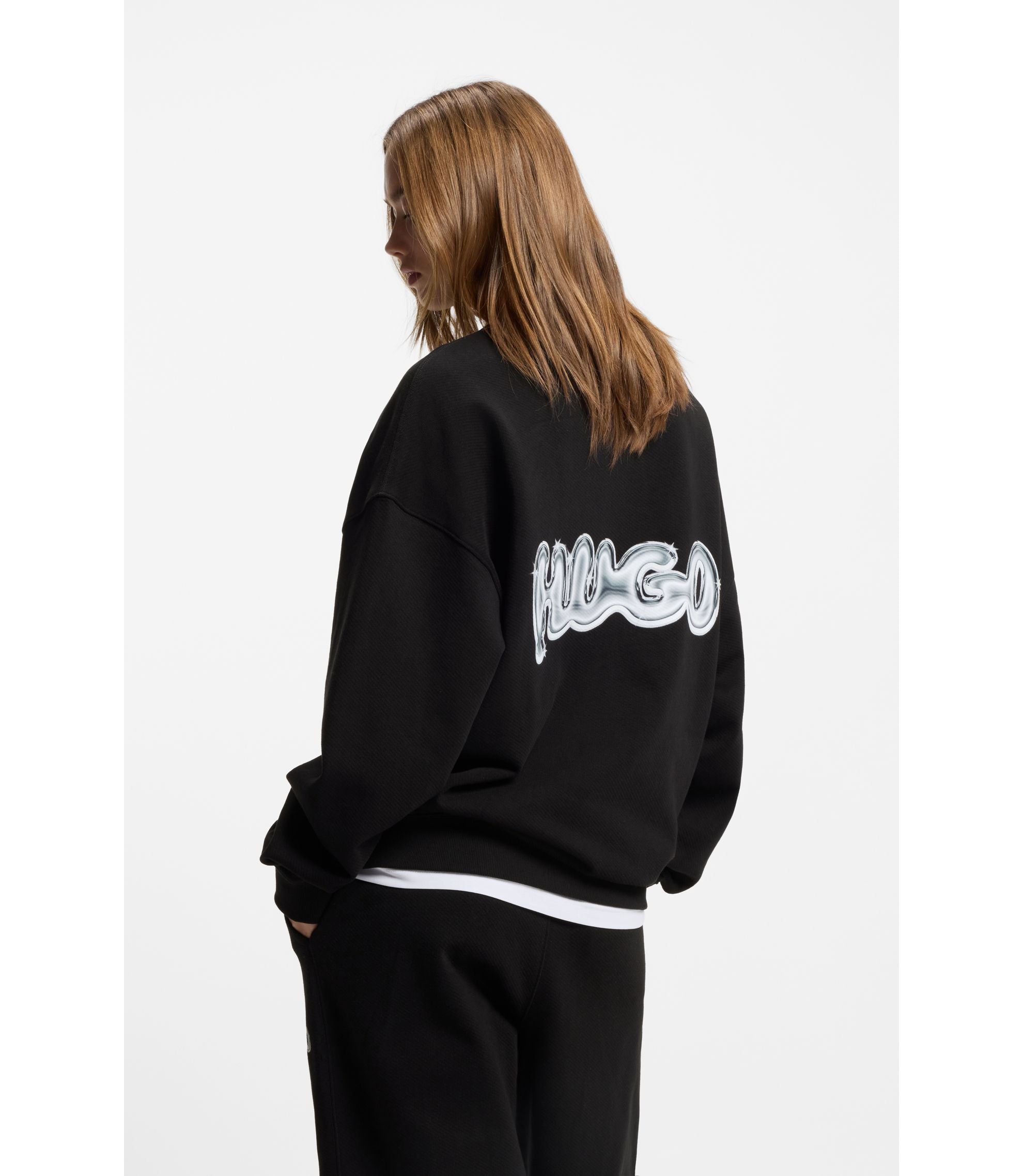 Hugo Logo Print Sweatshirt In Cotton Terry Black