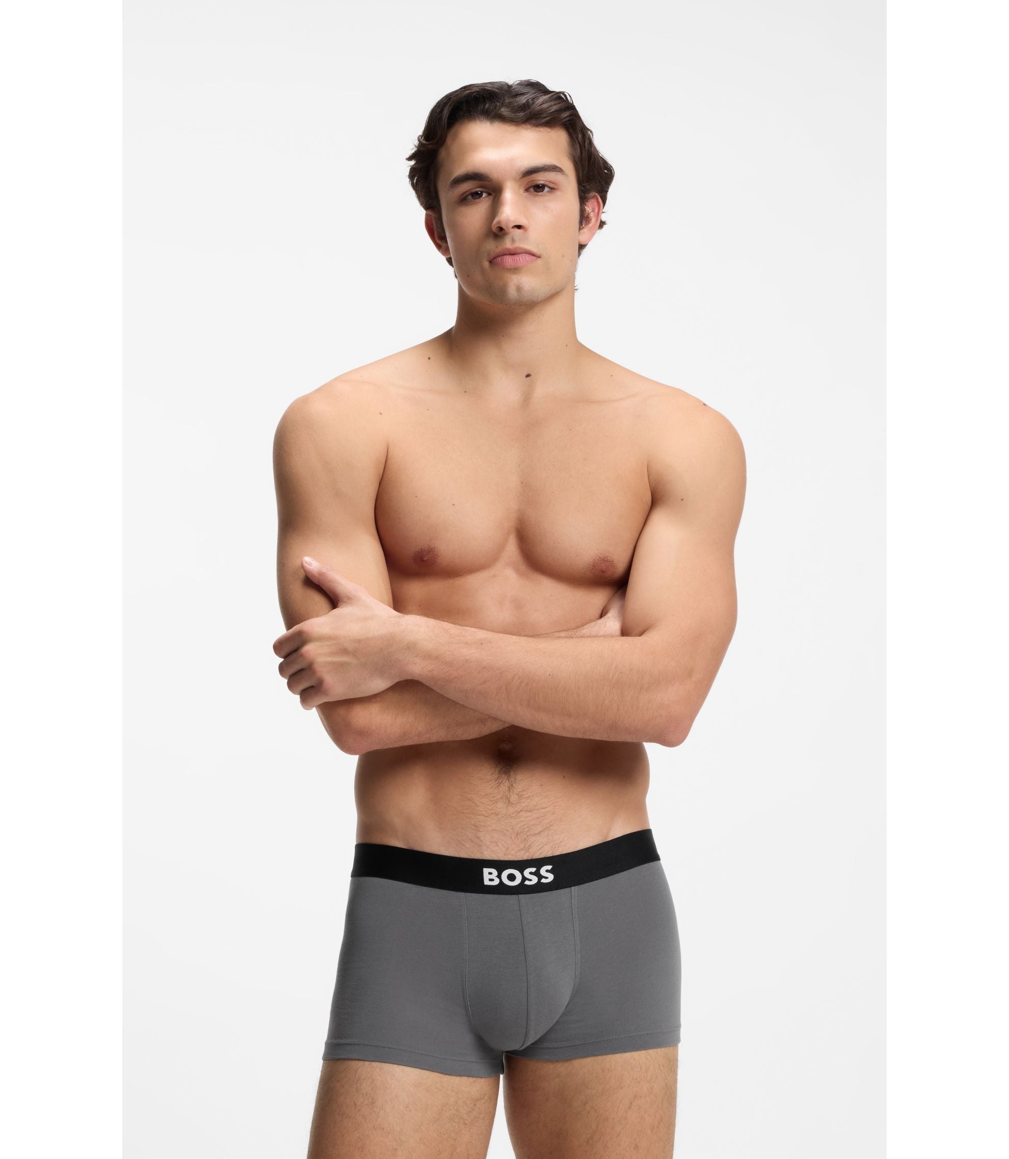 Boss Three Pack Of Stretch Cotton Trunks With Logos Light Grey