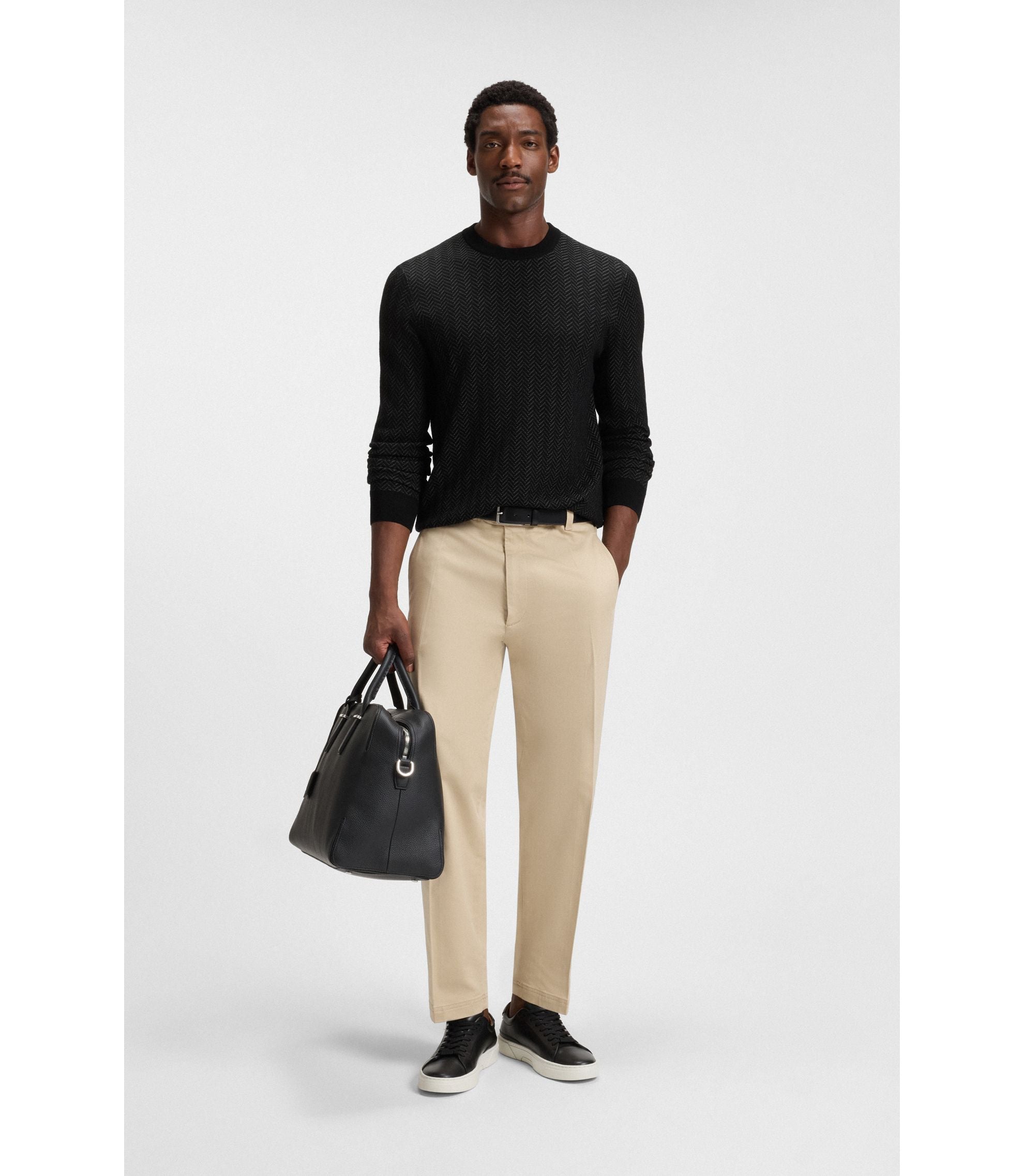 Boss Herringbone Pattern Sweater In Wool And Cotton Black