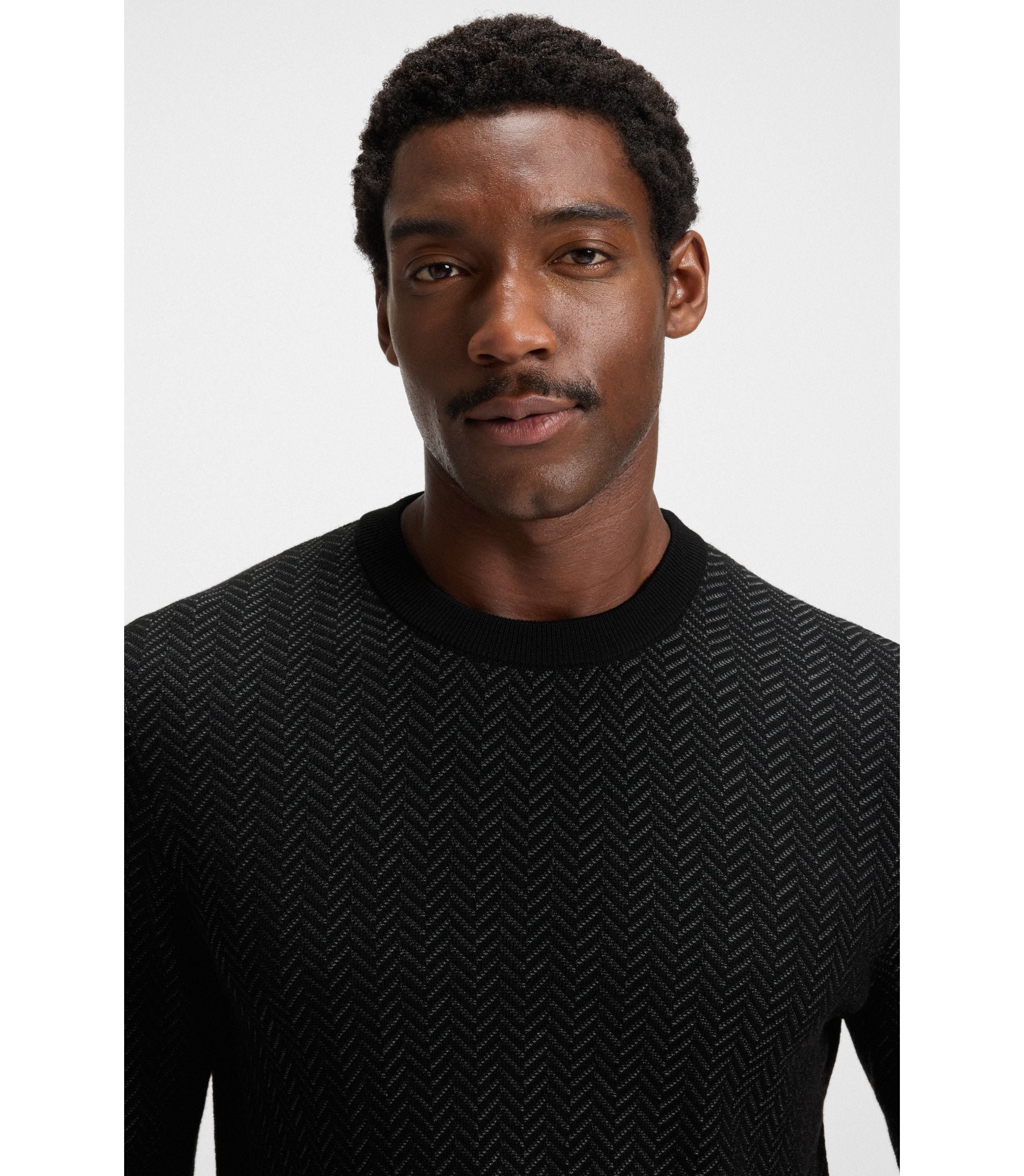 Boss Herringbone Pattern Sweater In Wool And Cotton Black
