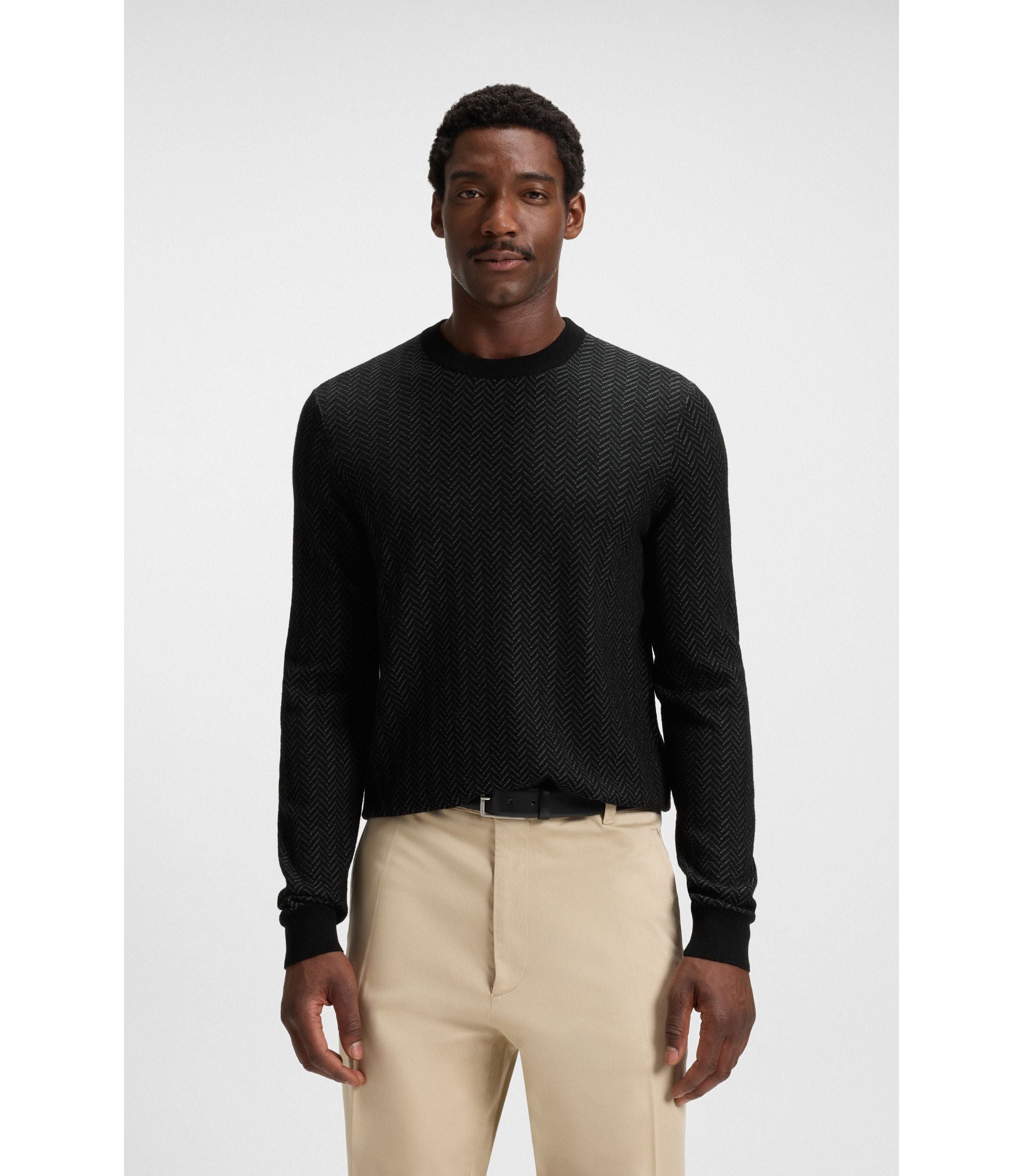 Boss Herringbone Pattern Sweater In Wool And Cotton Black