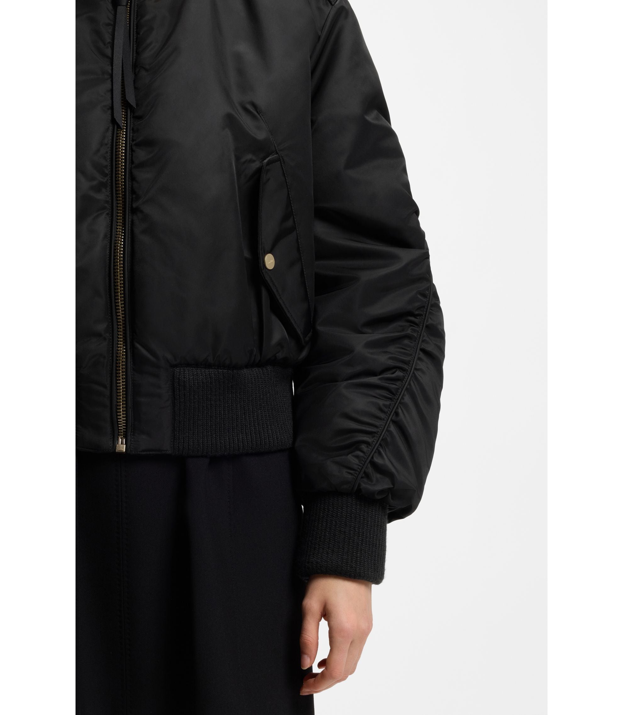 Hugo Ruched Detail Bomber Jacket With Water Repellent Finish Black Women's