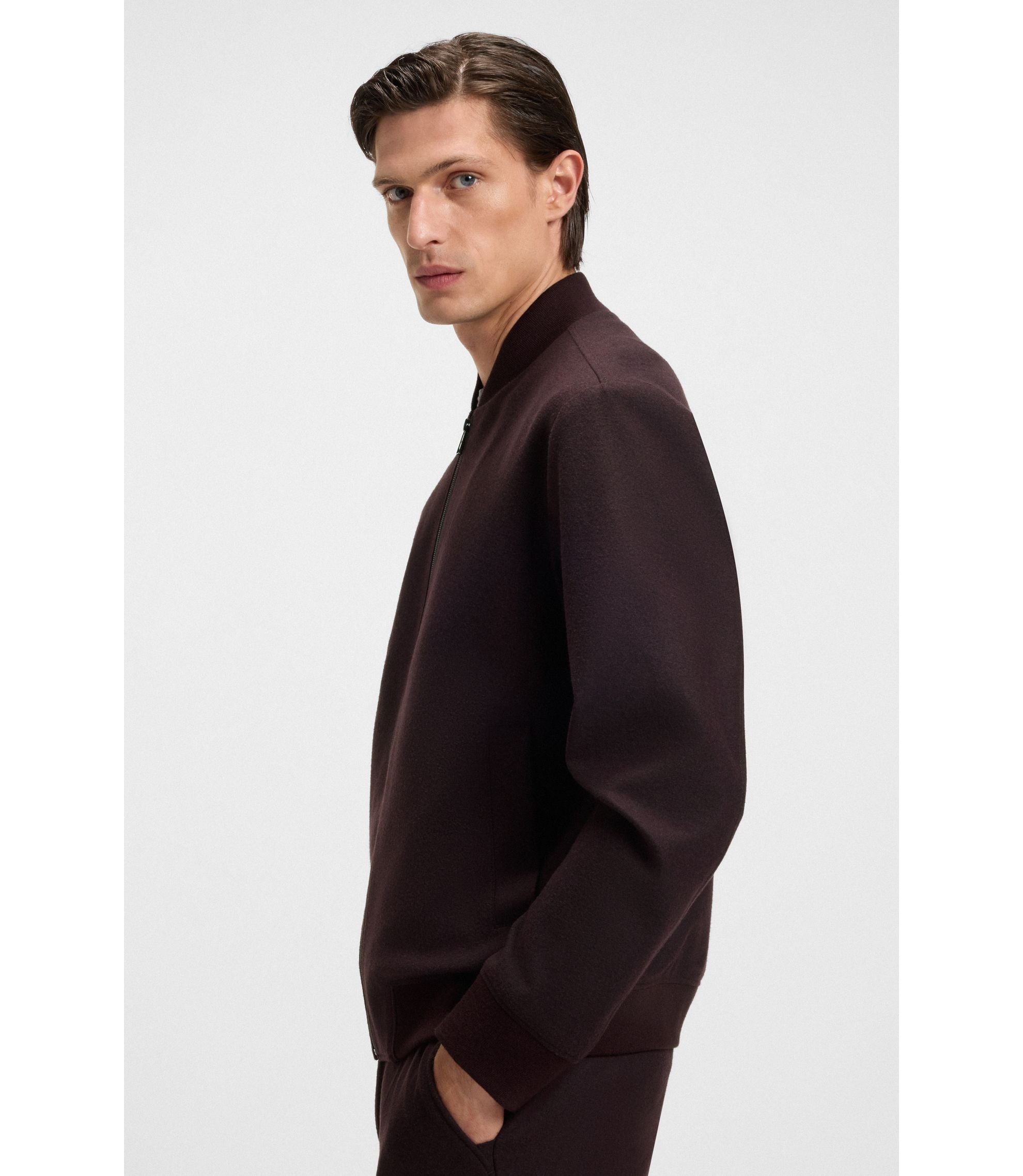 Boss Brushed Slim Fit Jacket In Stretch Flannel Dark Red