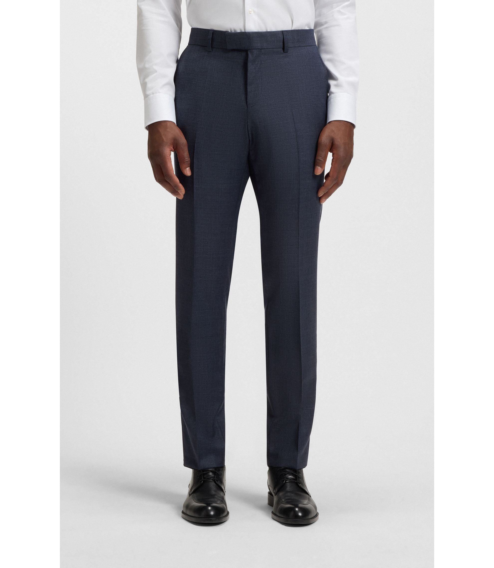 Boss Three Piece Slim Fit Suit In Patterned Stretch Wool Dark Blue