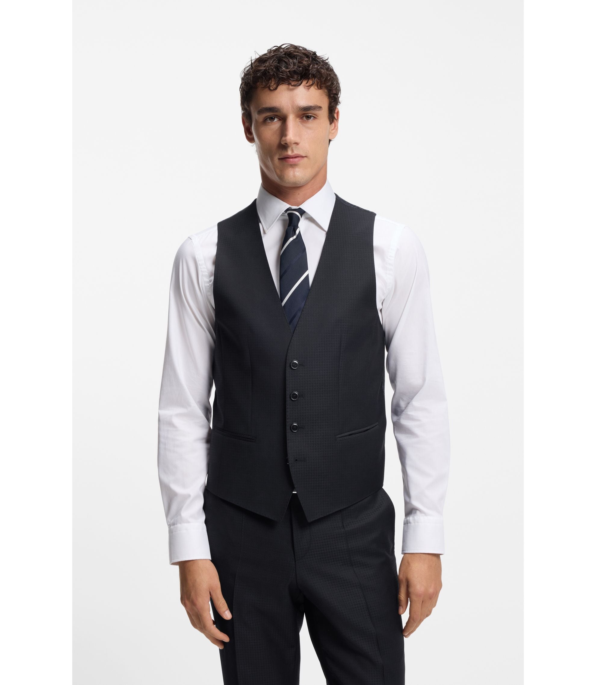 Boss Two Piece Slim Fit Suit In Patterned Virgin Wool Dark Blue