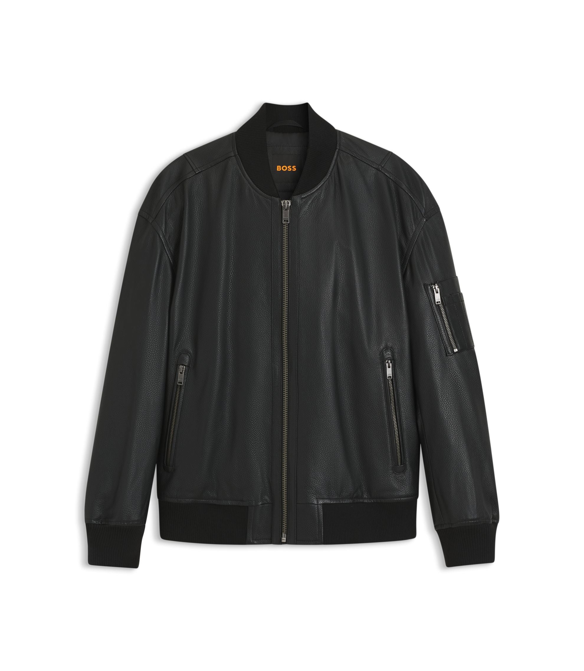 Boss Sleeve Pocket Bomber Jacket In Leather Black