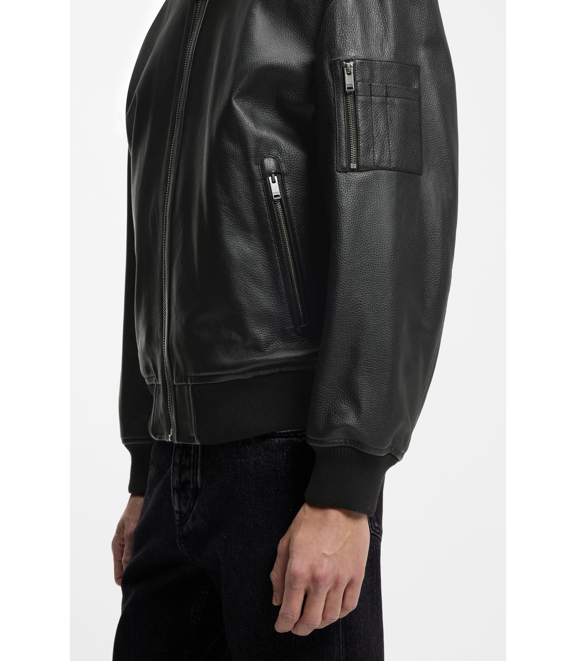 Boss Sleeve Pocket Bomber Jacket In Leather Black