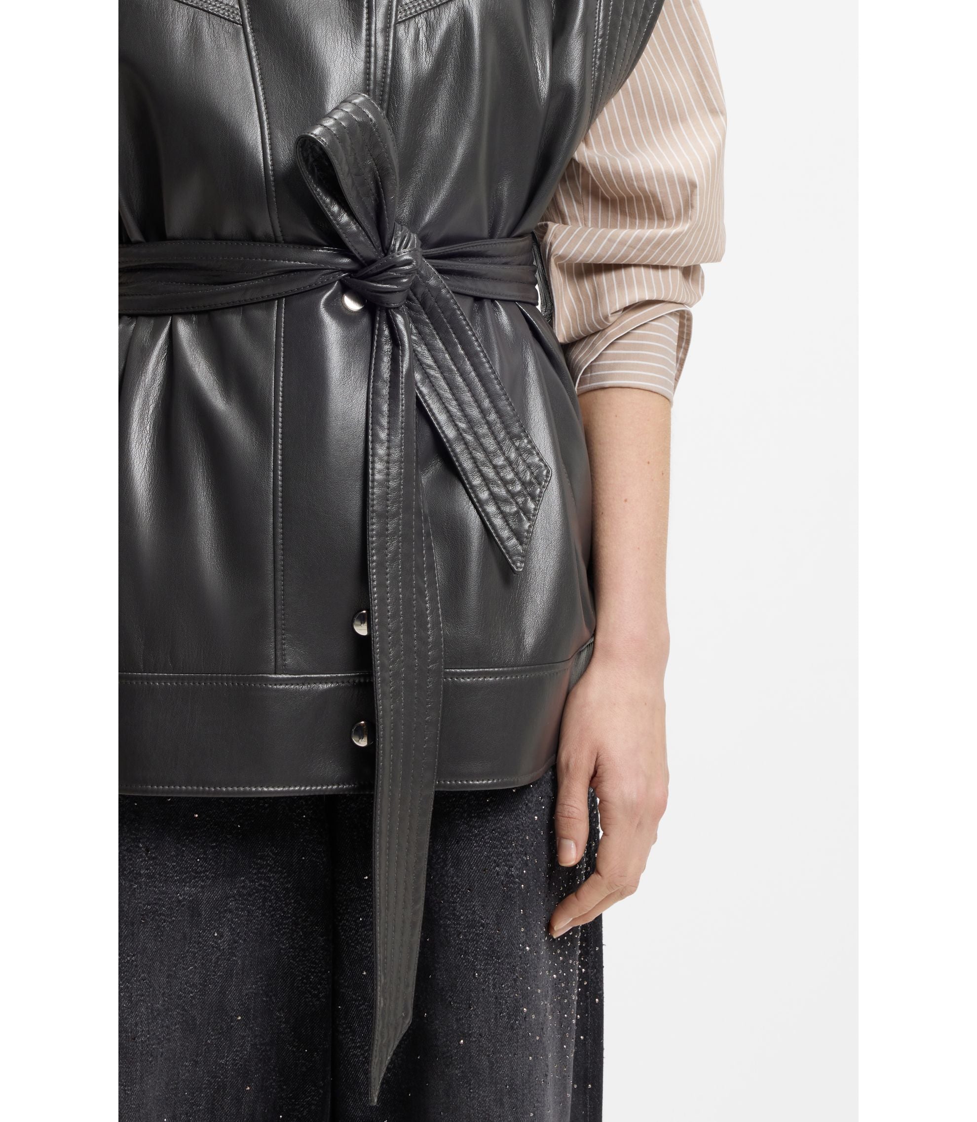 Boss Faux Leather Gilet With Belt Light Grey Women's