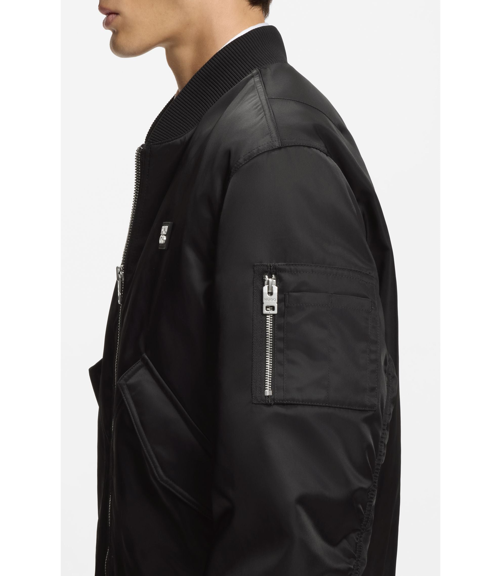 Hugo Stacked Logo Bomber Jacket With Water Repellent Finish Black
