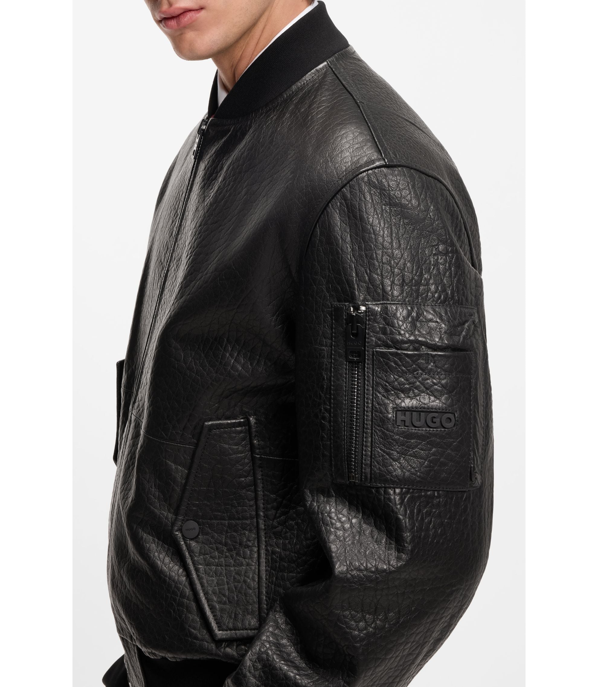 Hugo Patterned Leather Jacket In A Regular Fit Black