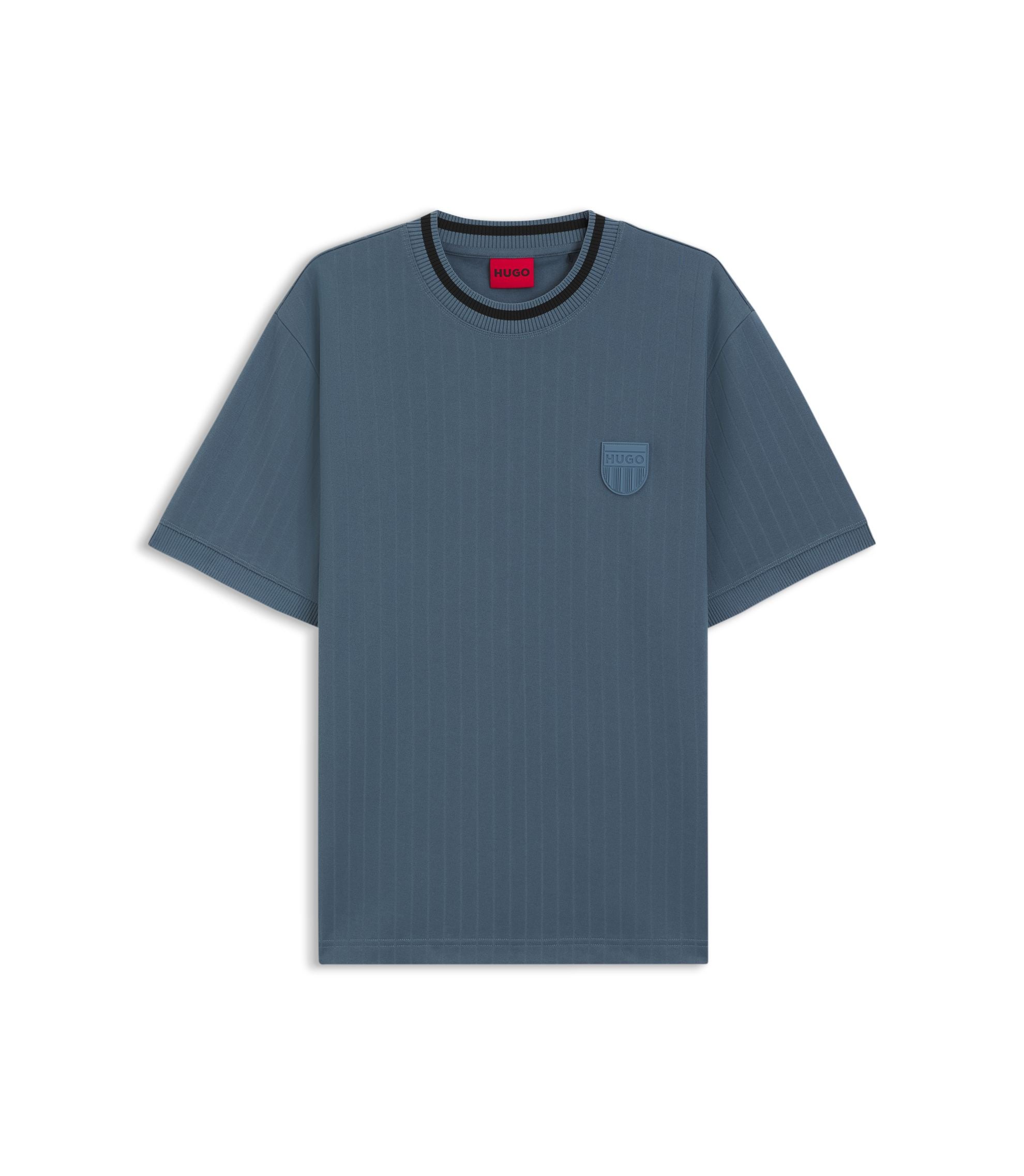 Hugo Cotton Blend T Shirt With Drop Needle Stripe Light Blue