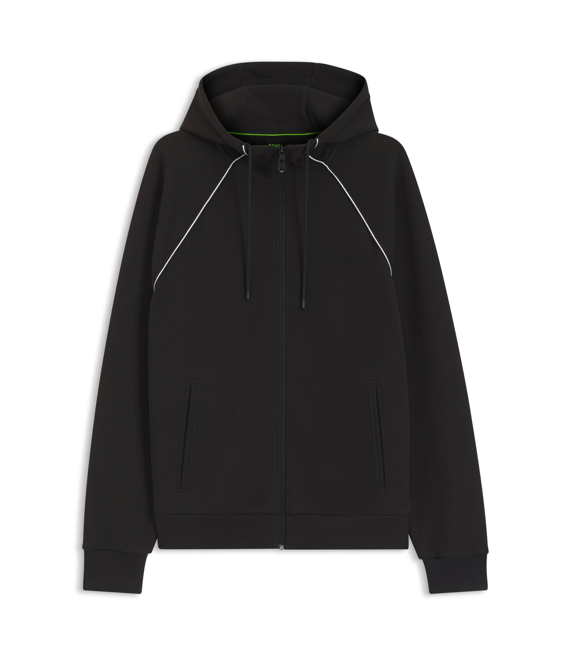 Boss Piping Detail Zip Up Hoodie In A Cotton Blend Black