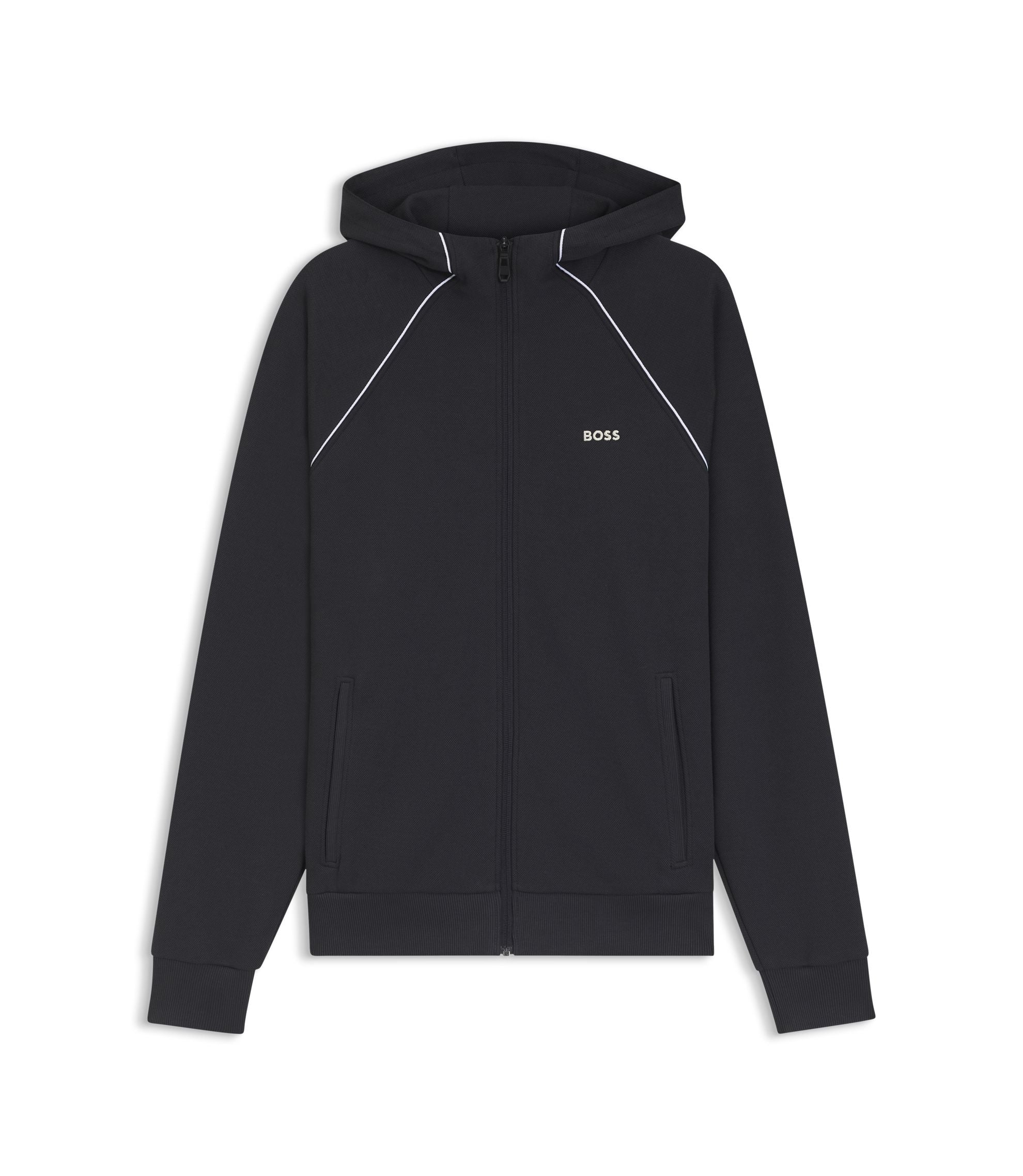 Boss Piping Detail Zip Up Hoodie In A Cotton Blend Dark Blue