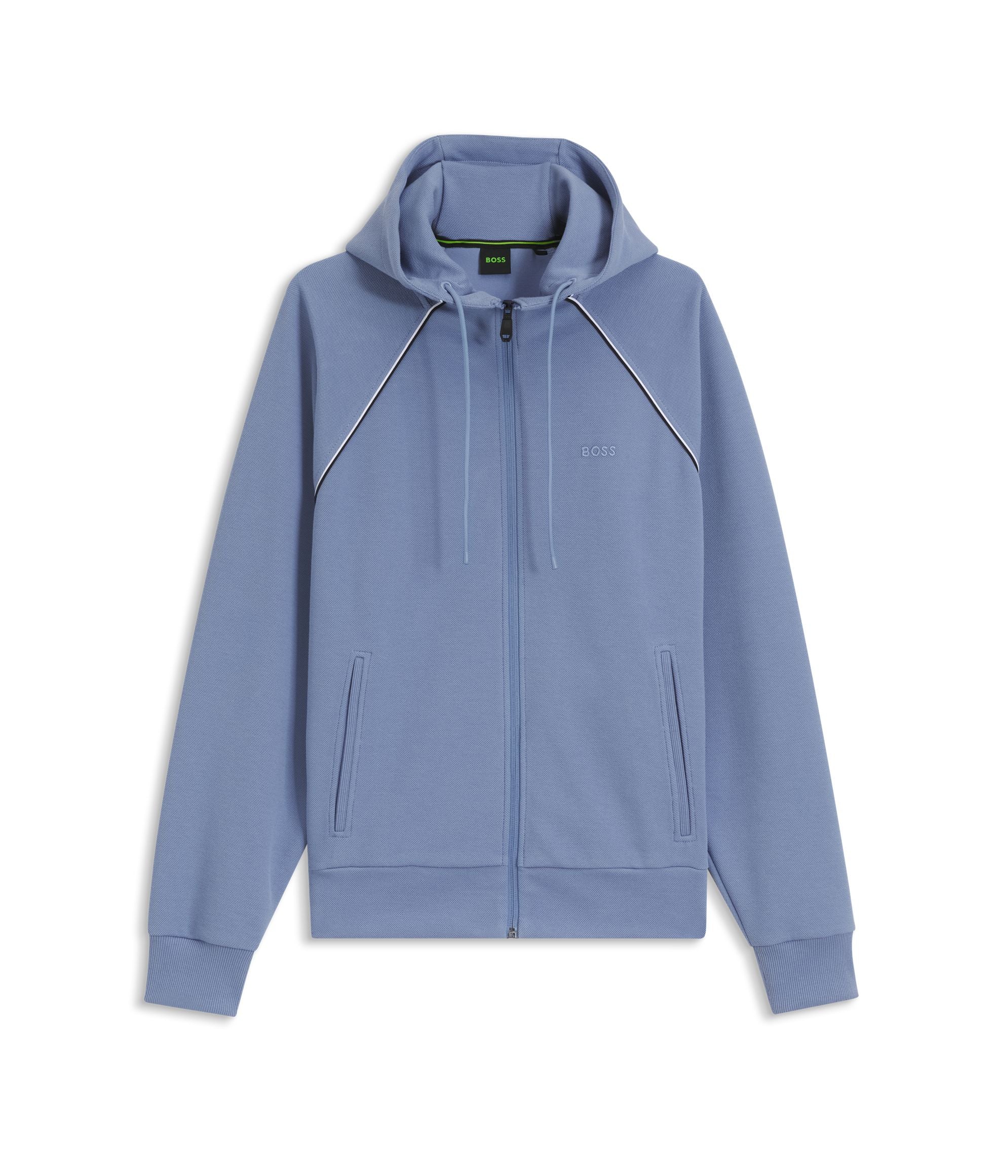 Boss Piping Detail Zip Up Hoodie In A Cotton Blend Light Blue