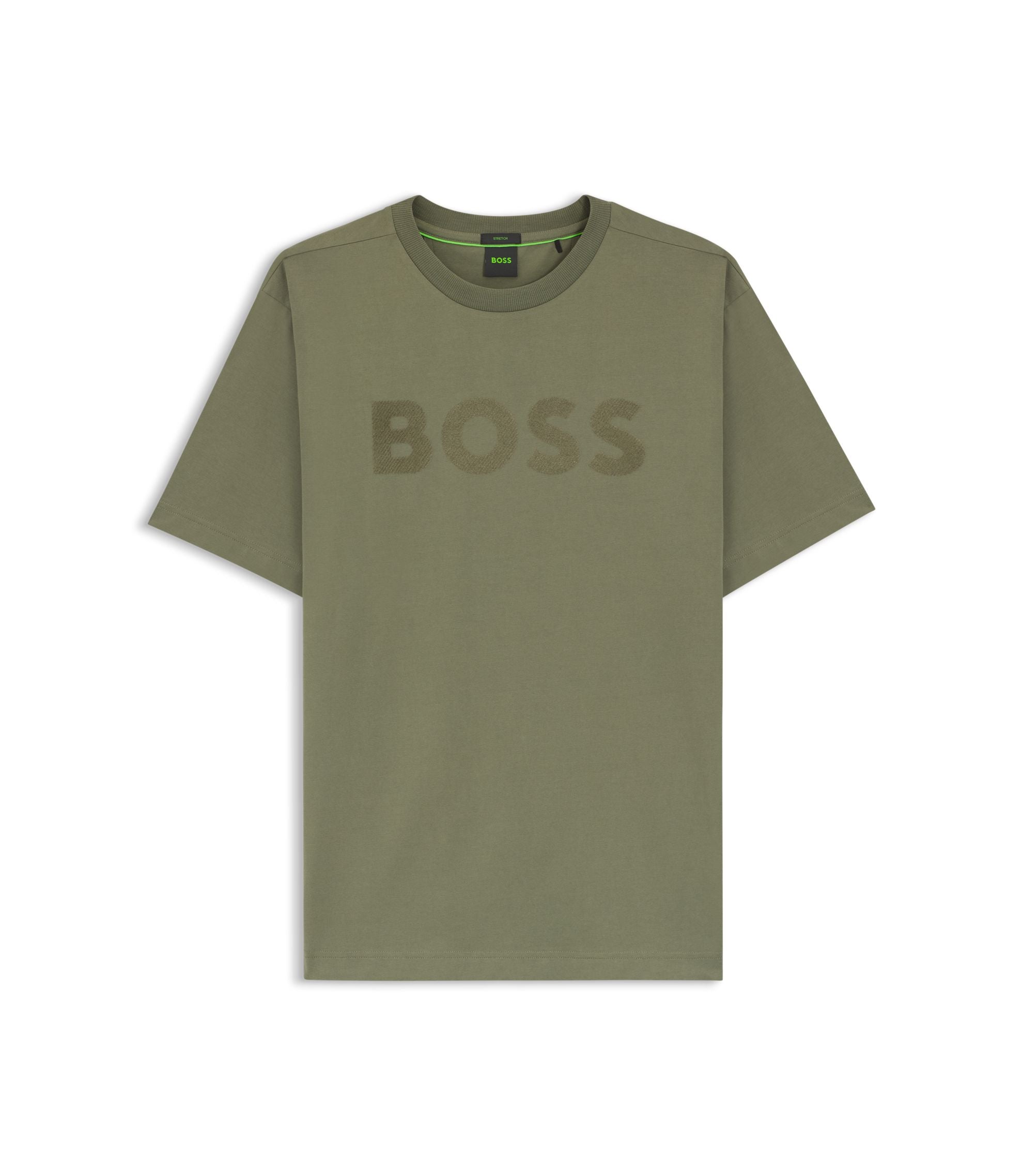 Boss Tonal Logo T Shirt In Stretch Cotton Khaki