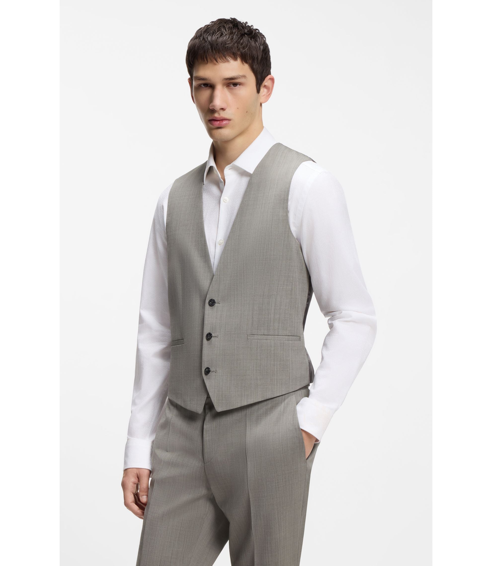Hugo Three Piece Slim Fit Suit In Wool Blend Poplin Light Green