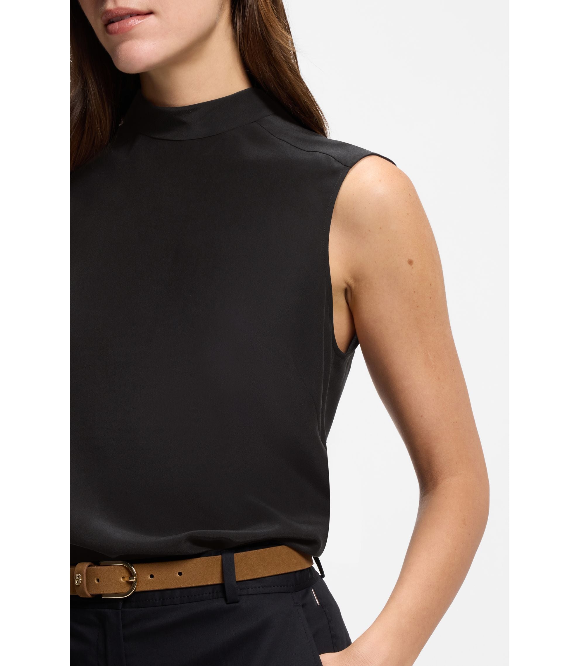 Boss Regular Fit Blouse In Sandwashed Silk With Tie Neck Black Women's