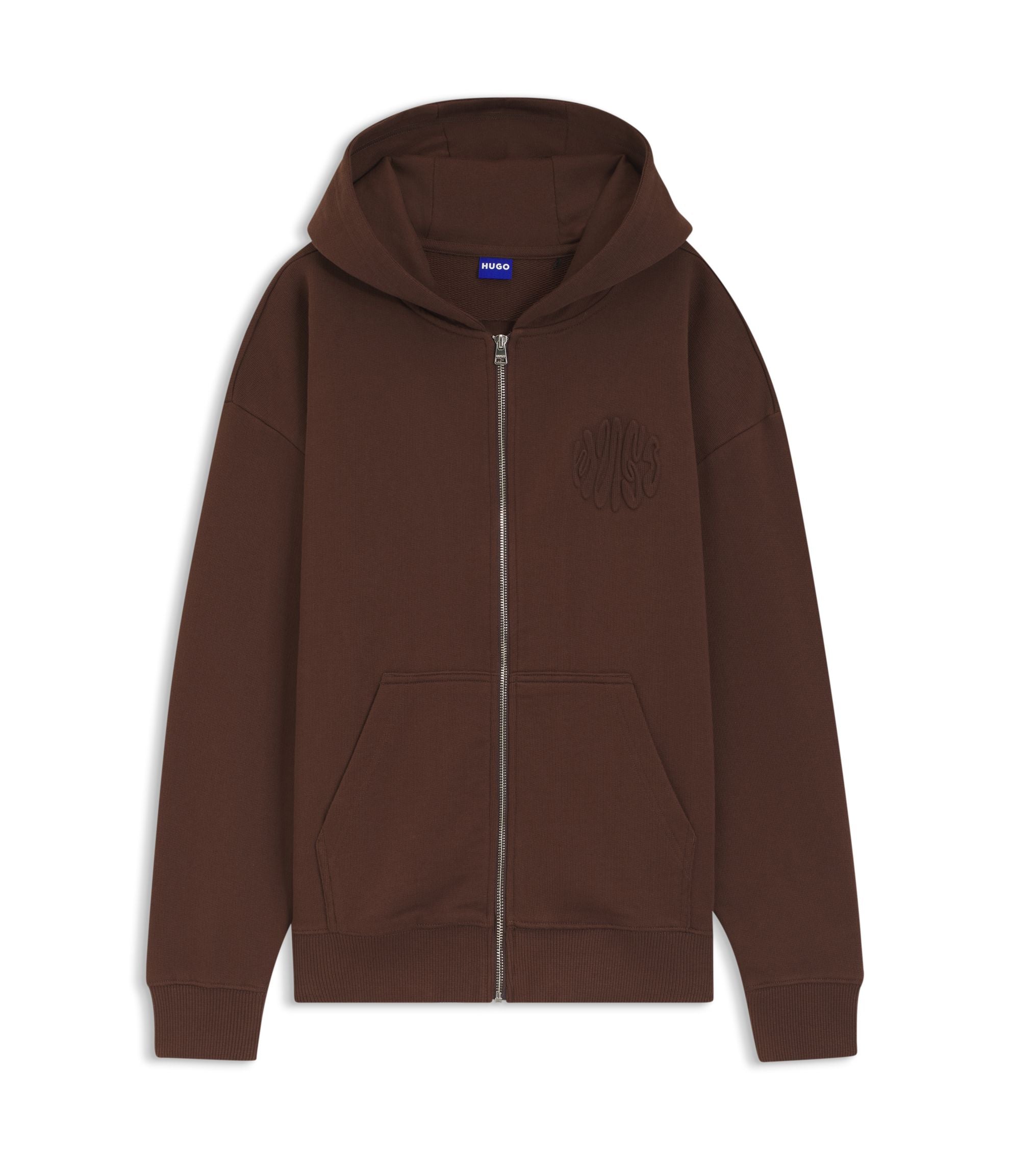 Hugo Embossed Logo Zip Up Hoodie In Cotton Terry Brown Women's