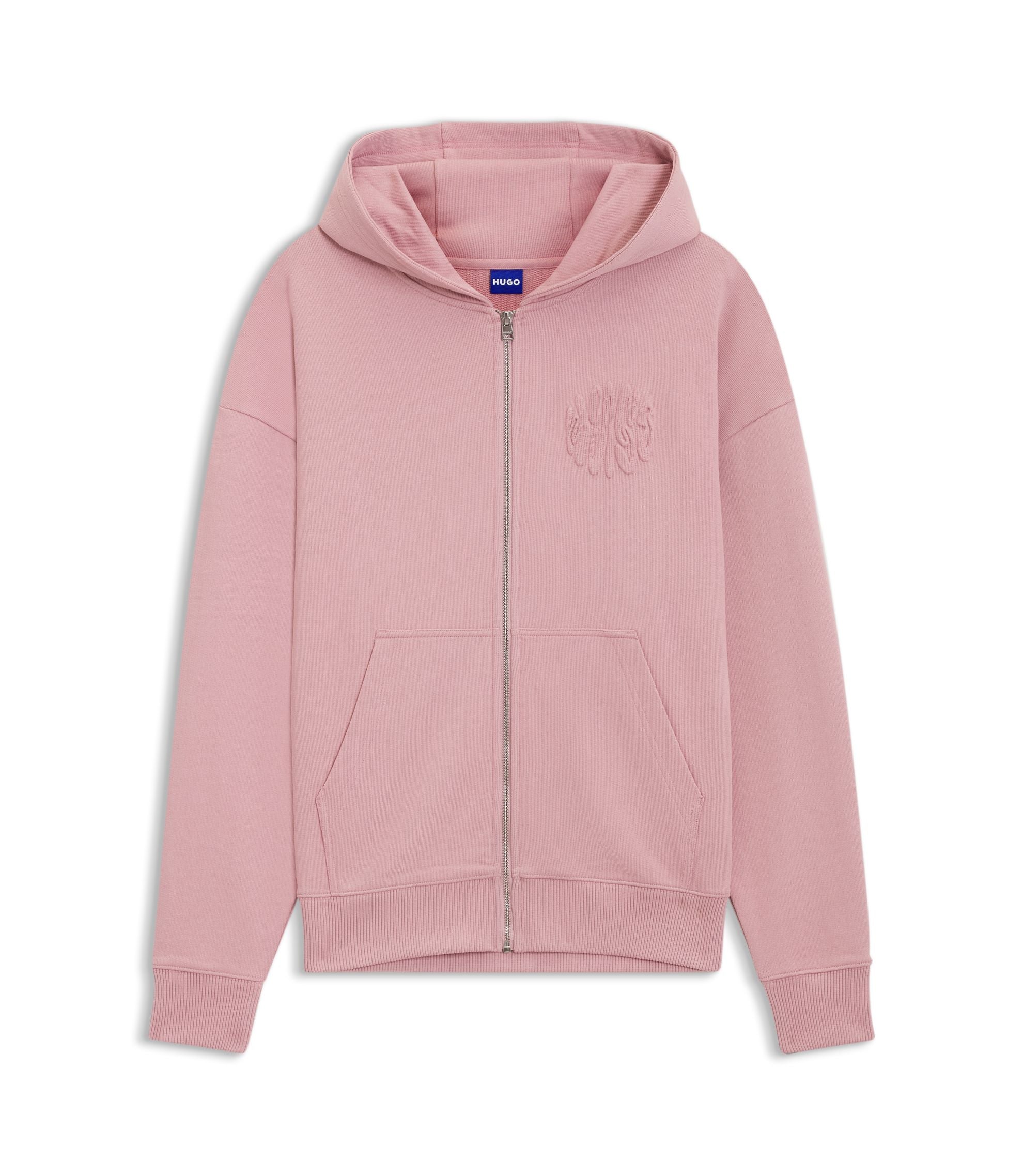 Hugo Embossed Logo Zip Up Hoodie In Cotton Terry Light Pink Women's