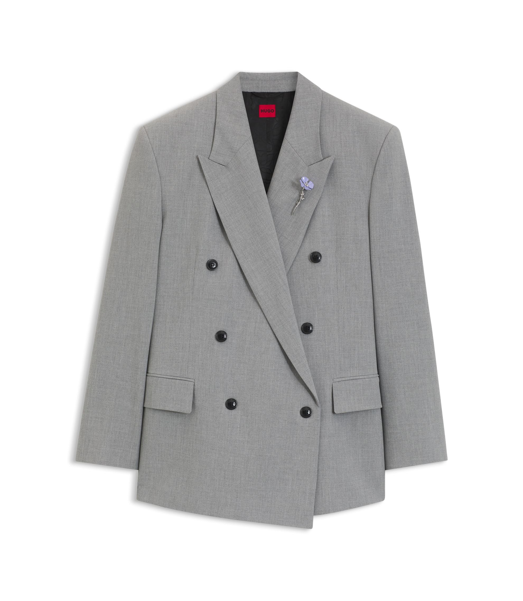 Hugo Relaxed Fit Blazer With Enamel Flower Brooch Light Grey Women's