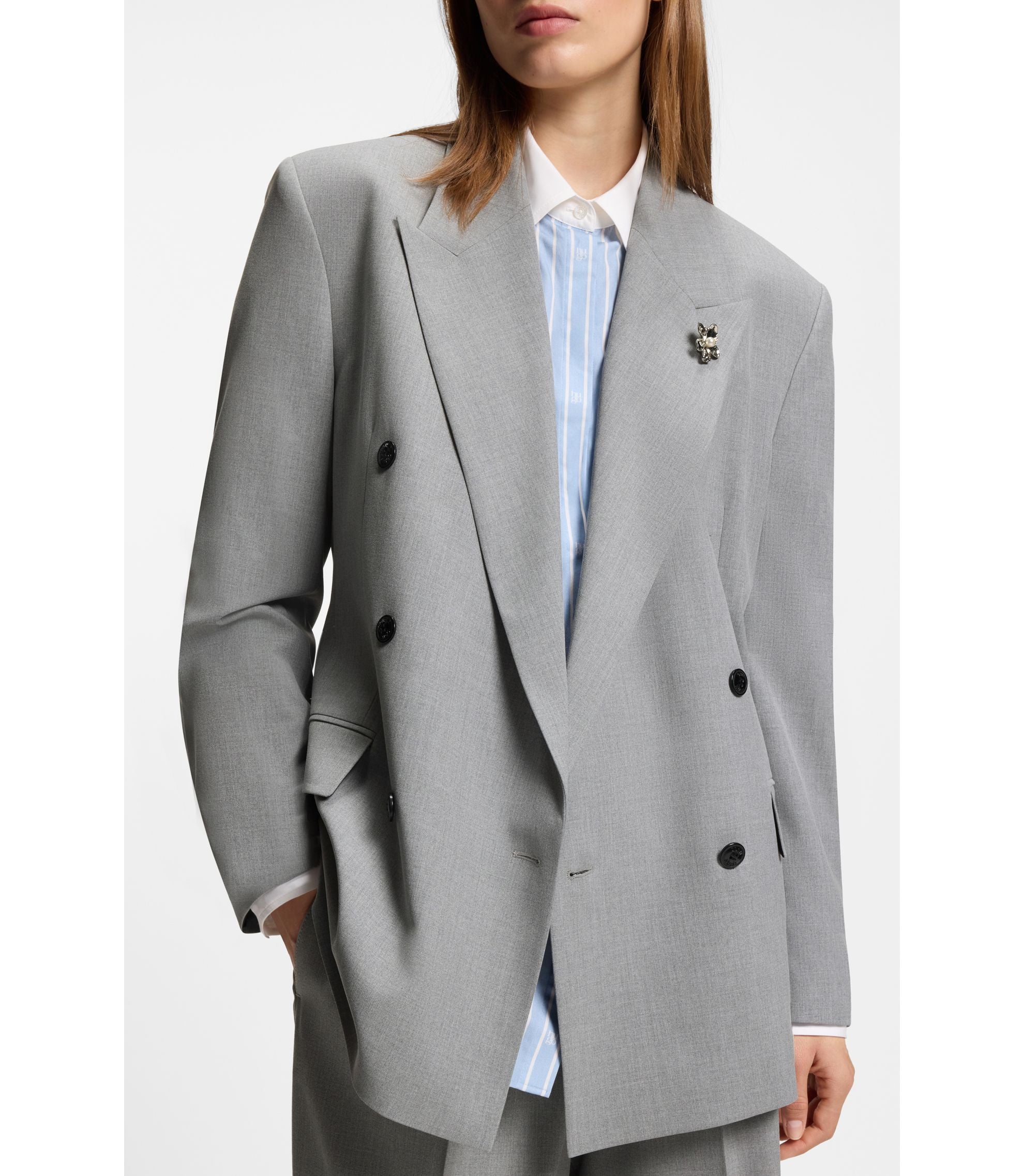 Hugo Relaxed Fit Blazer With Enamel Flower Brooch Light Grey Women's