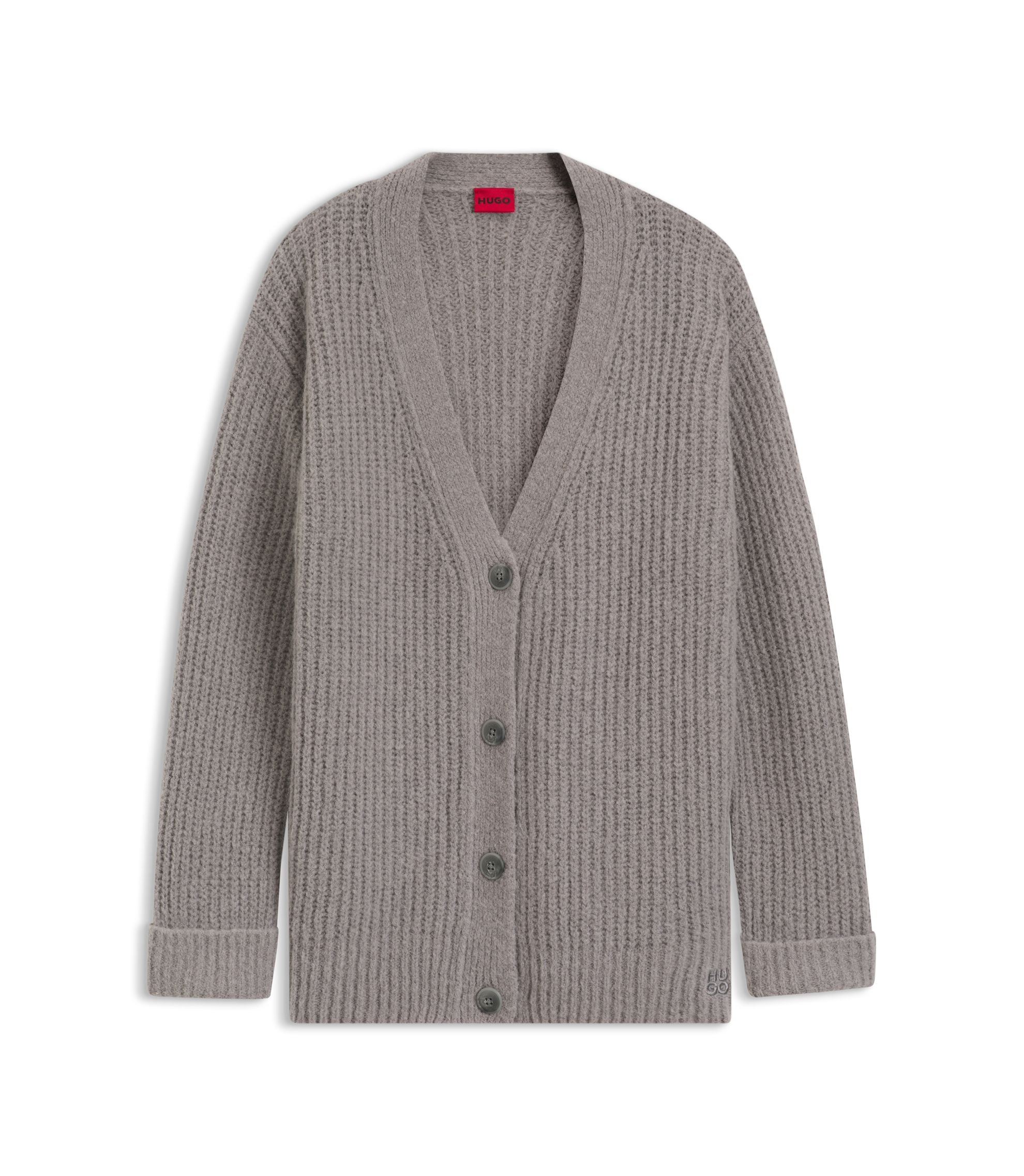 Hugo Embroidered Logo Cardigan In An Oversized Fit Light Grey Women's