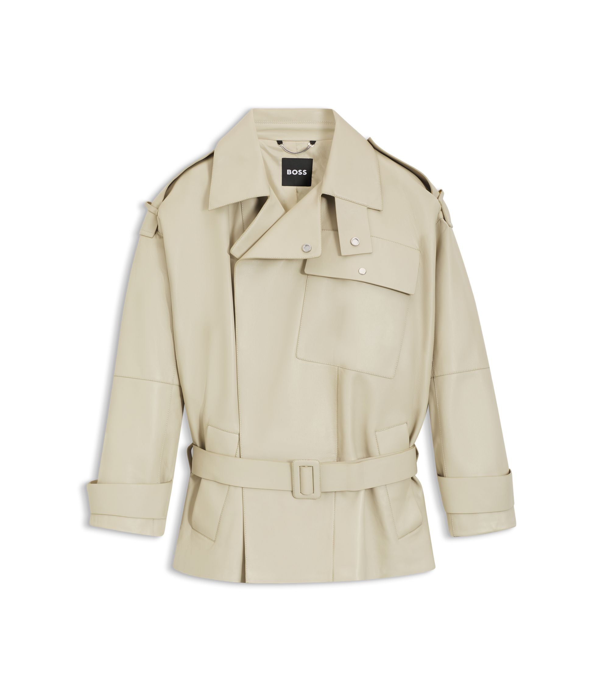 Boss Short Trench Coat In Leather Light Beige Women's