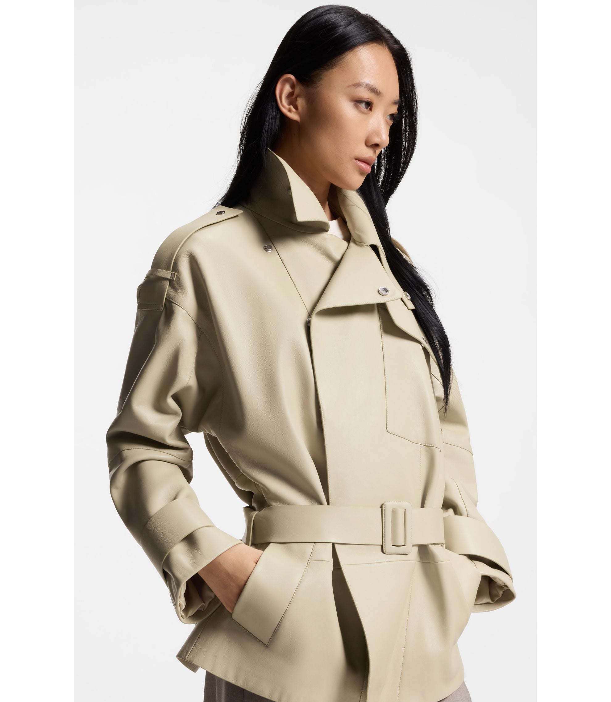 Boss Short Trench Coat In Leather Light Beige Women's