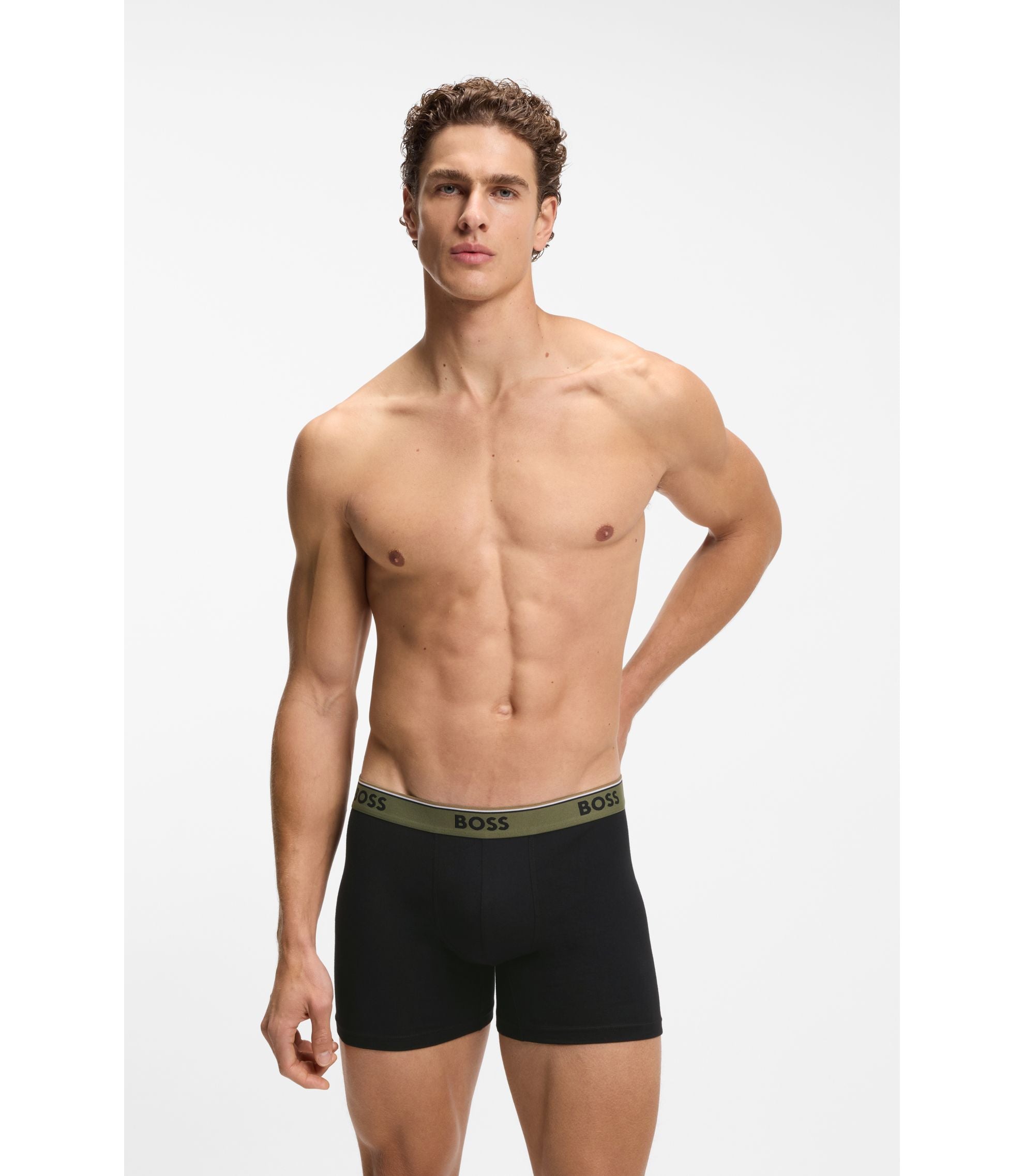 Boss Three Pack Of Stretch Cotton Boxer Briefs With Logo Waistband Black