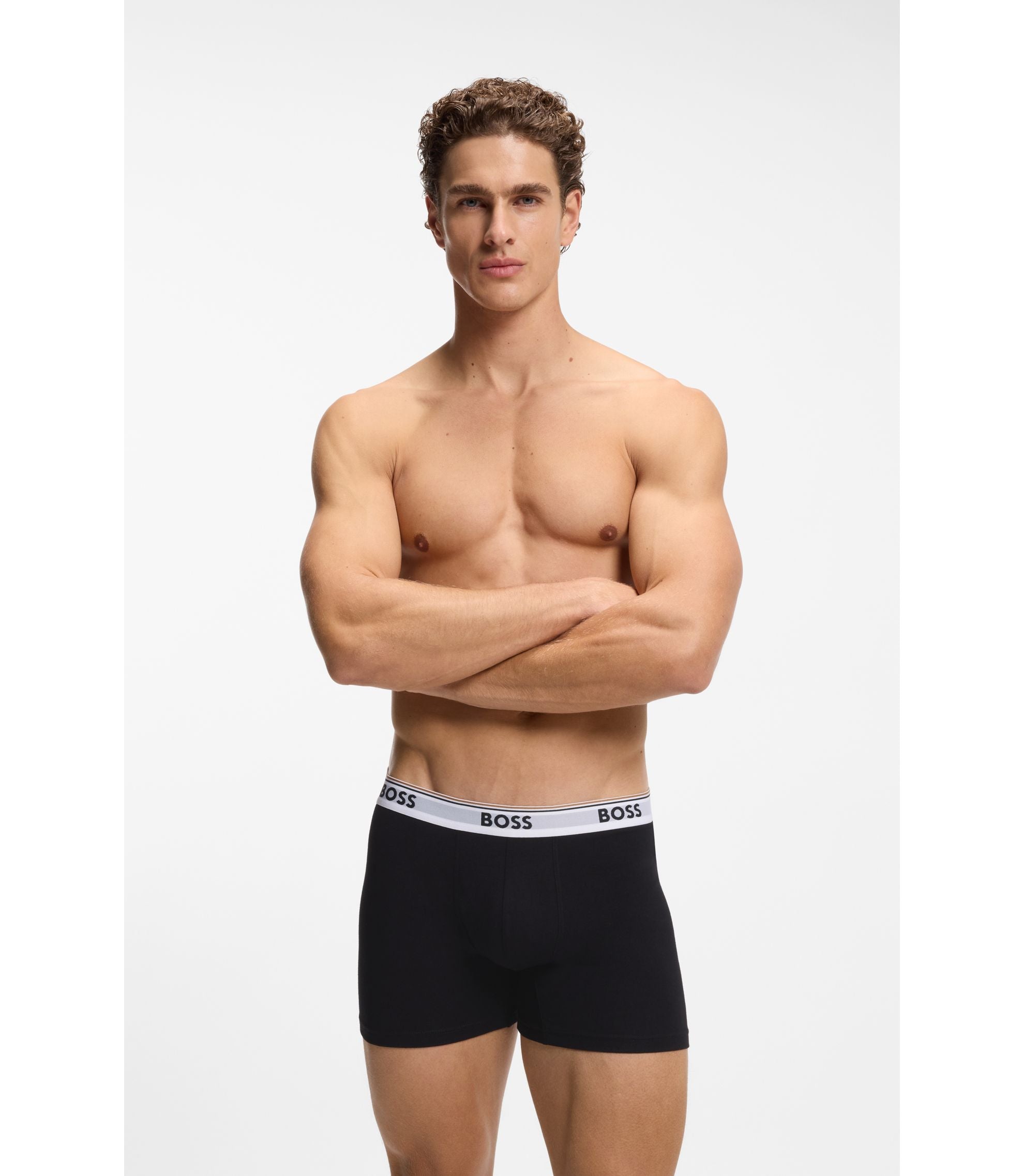 Boss Three Pack Of Stretch Cotton Boxer Briefs With Logo Waistband Black