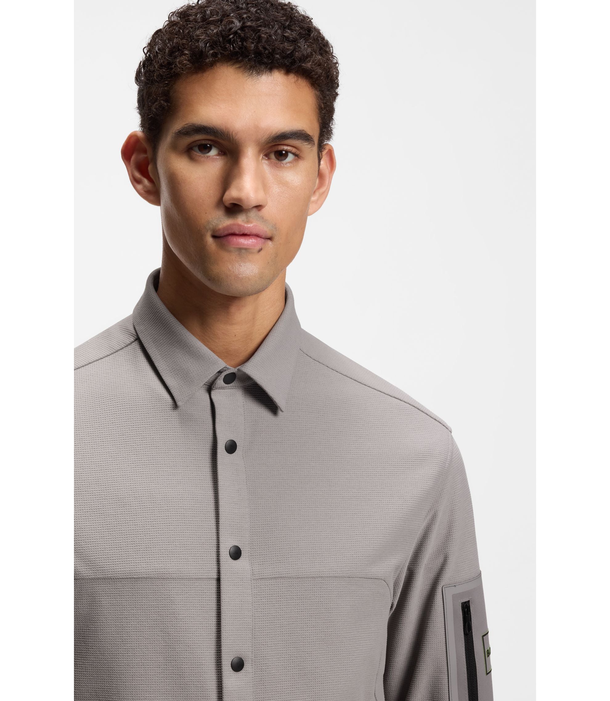 Boss Relaxed Fit Overshirt In Waffle Fabric Light Grey