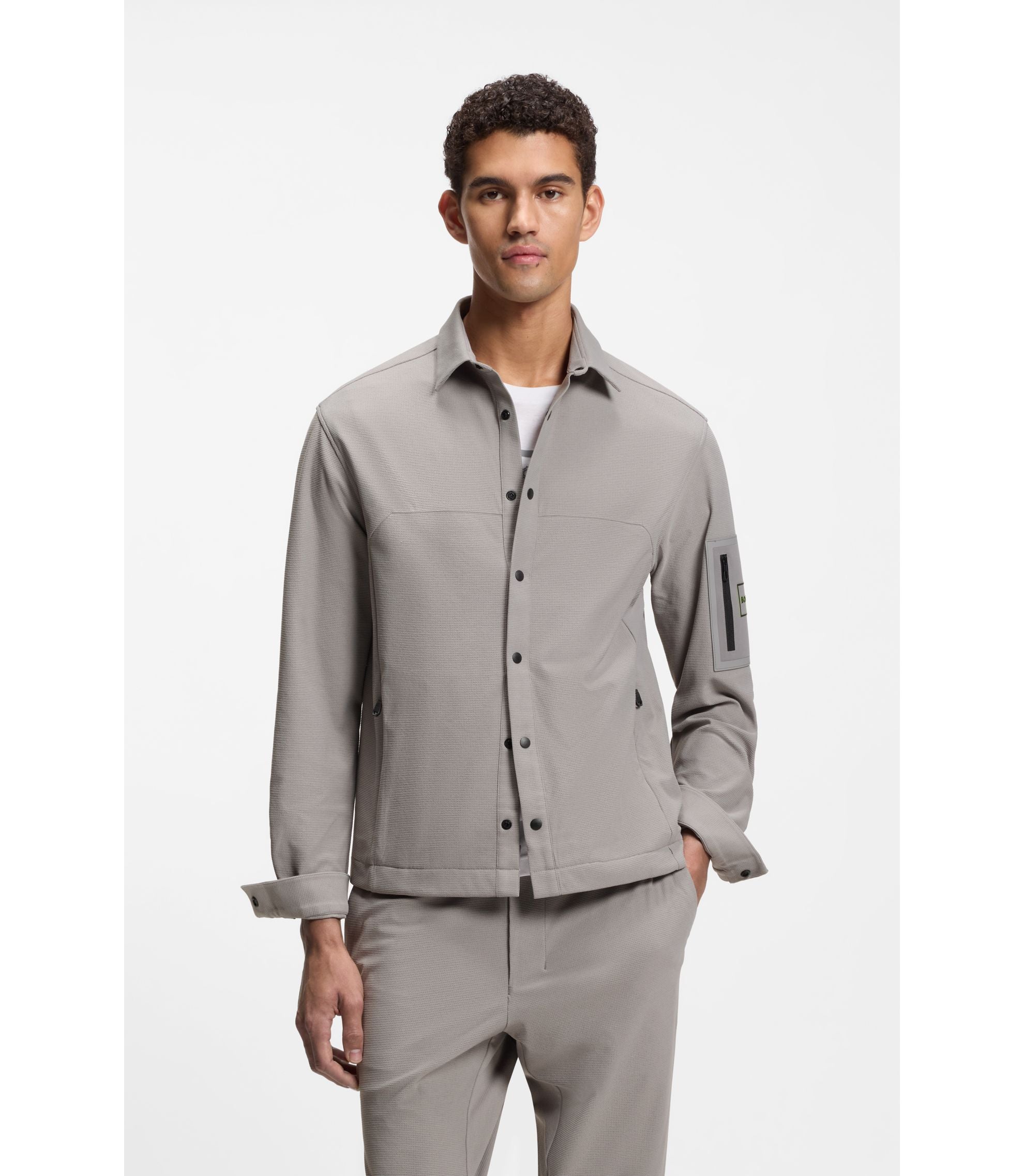 Boss Relaxed Fit Overshirt In Waffle Fabric Light Grey