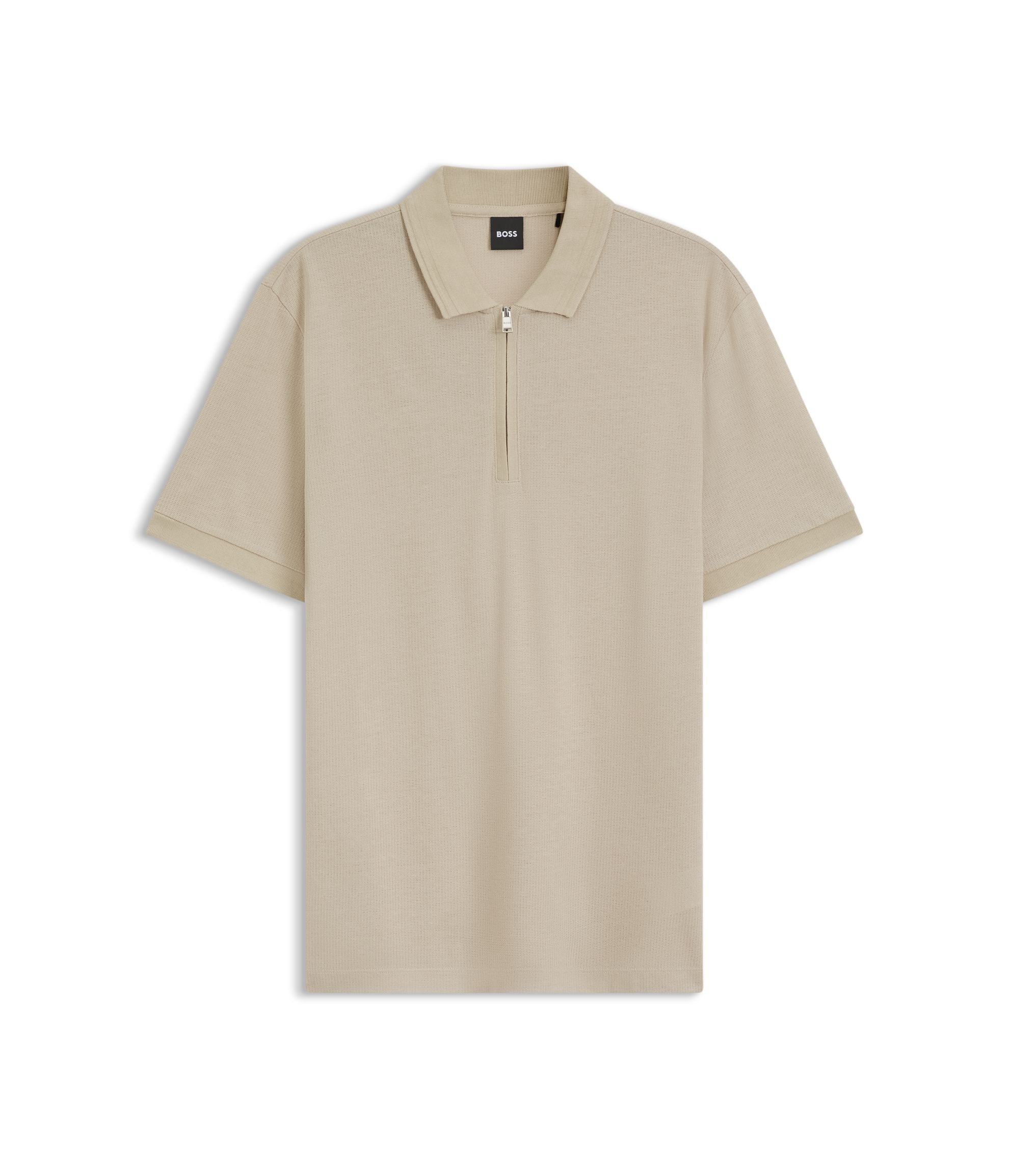 Boss Zip Placket Polo Shirt In A Cotton Blend Light Beige
