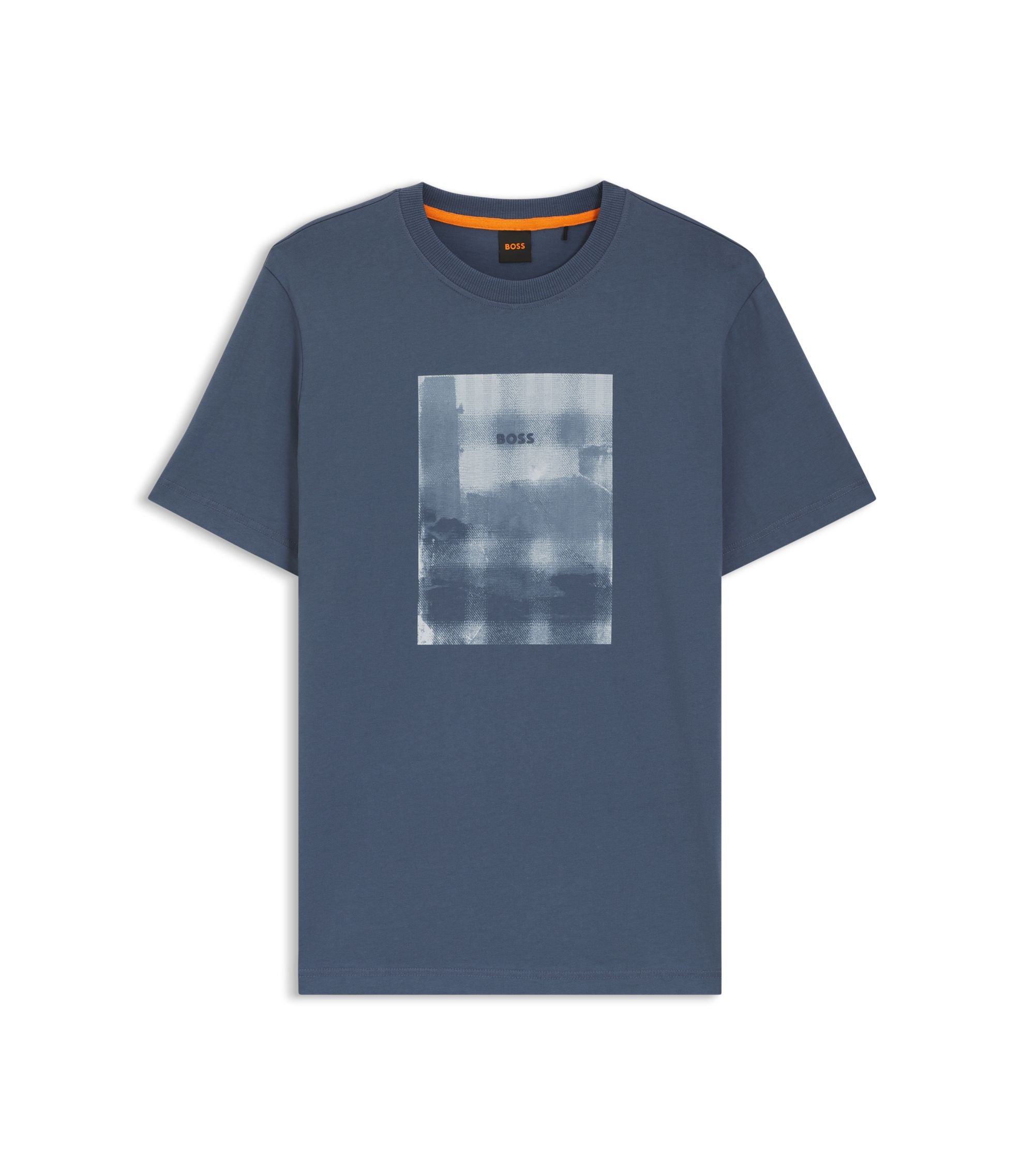 Boss Printed Artwork T Shirt In Cotton Jersey Light Blue
