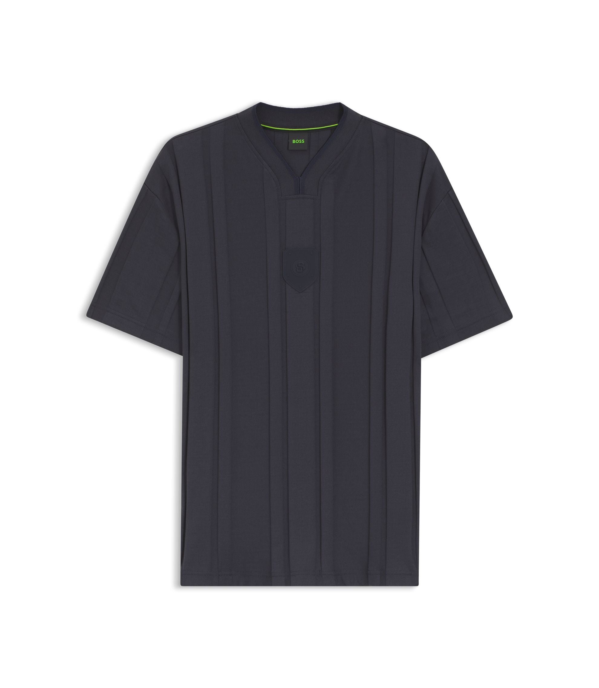Boss Textured Stripe T Shirt In Cotton Dark Blue