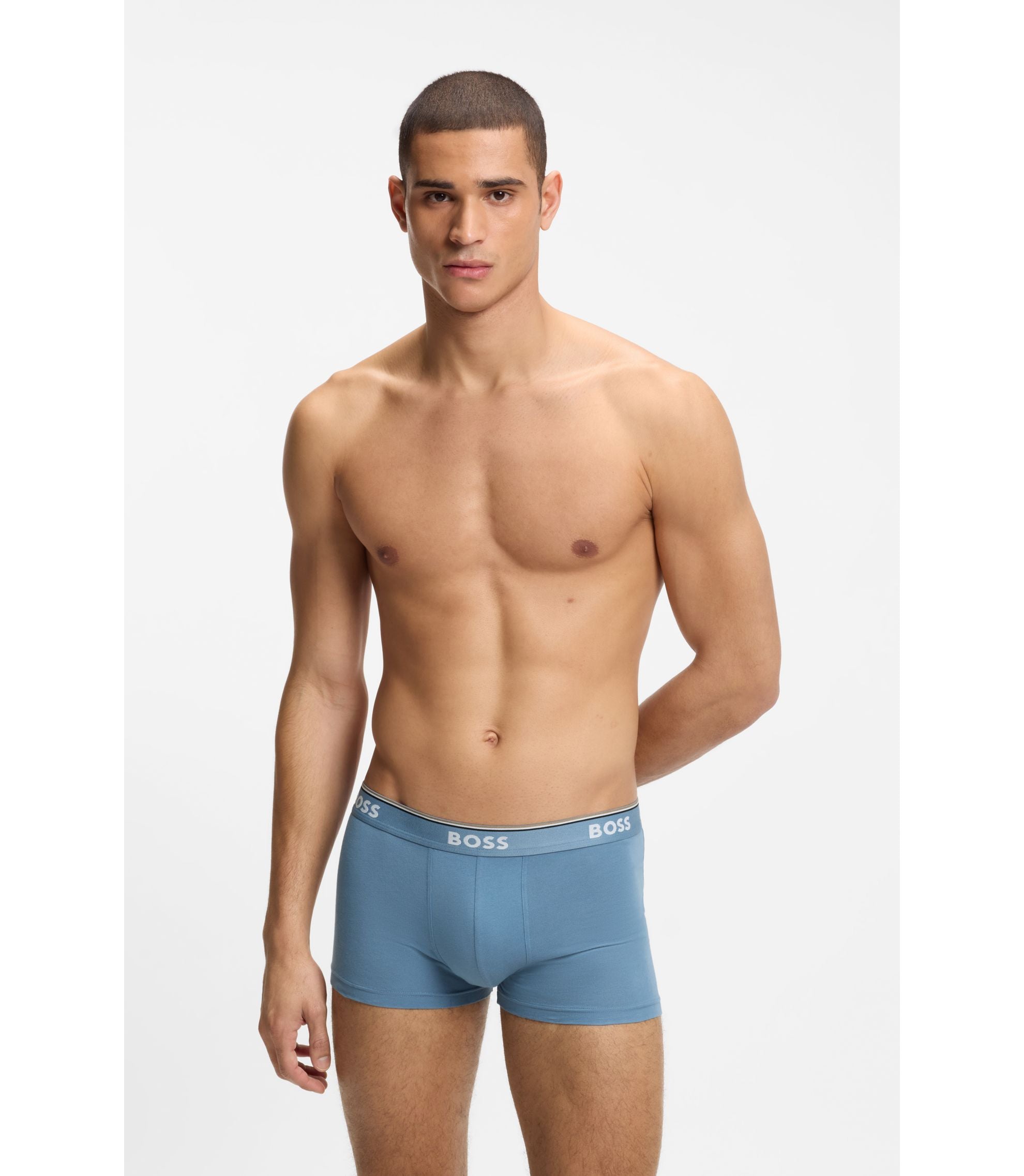 Boss Three Pack Of Stretch Cotton Trunks With Logo Waistbands Light Blue