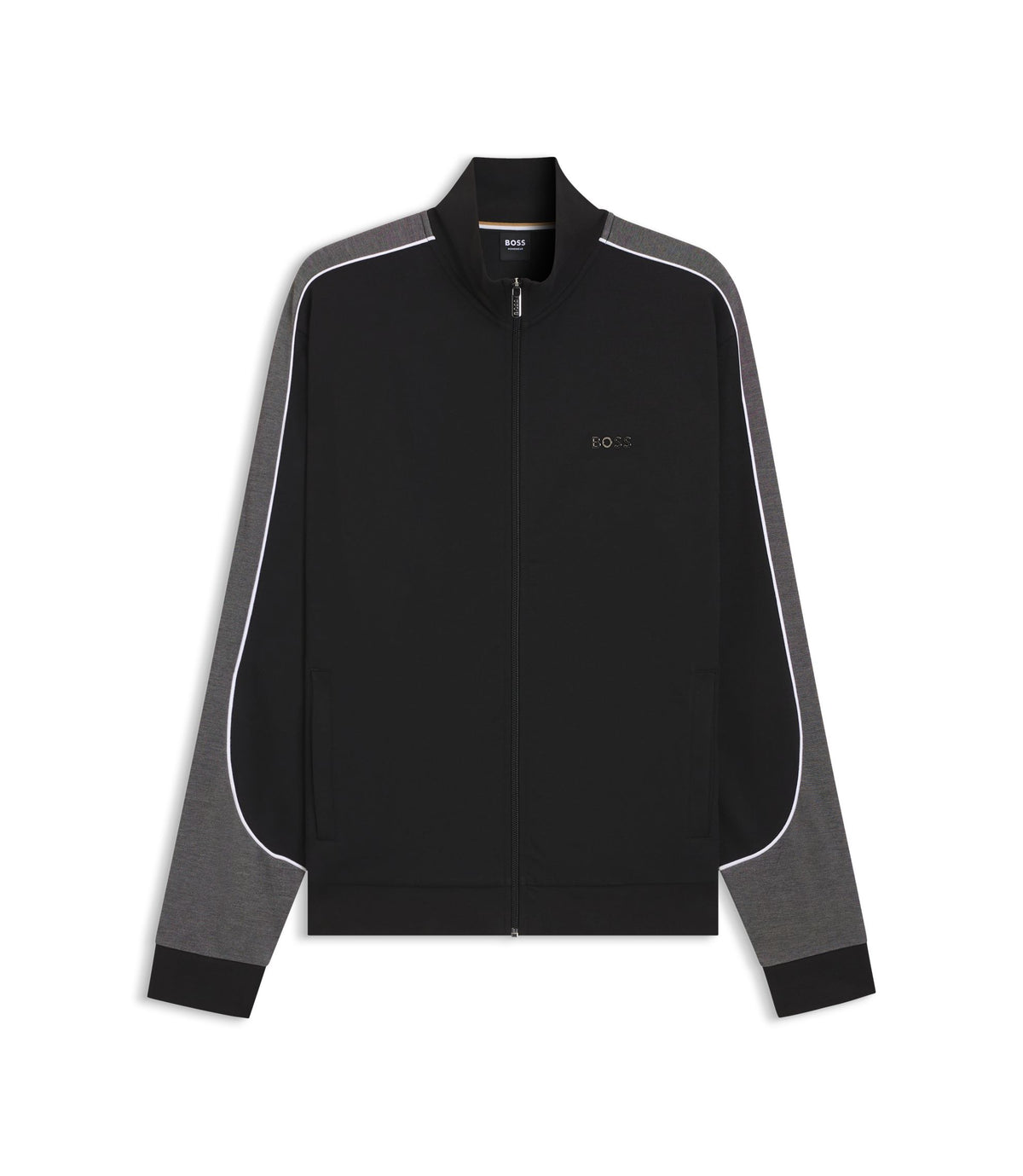 Boss Contrast Detail Zip Up Jacket In A Cotton Blend Black