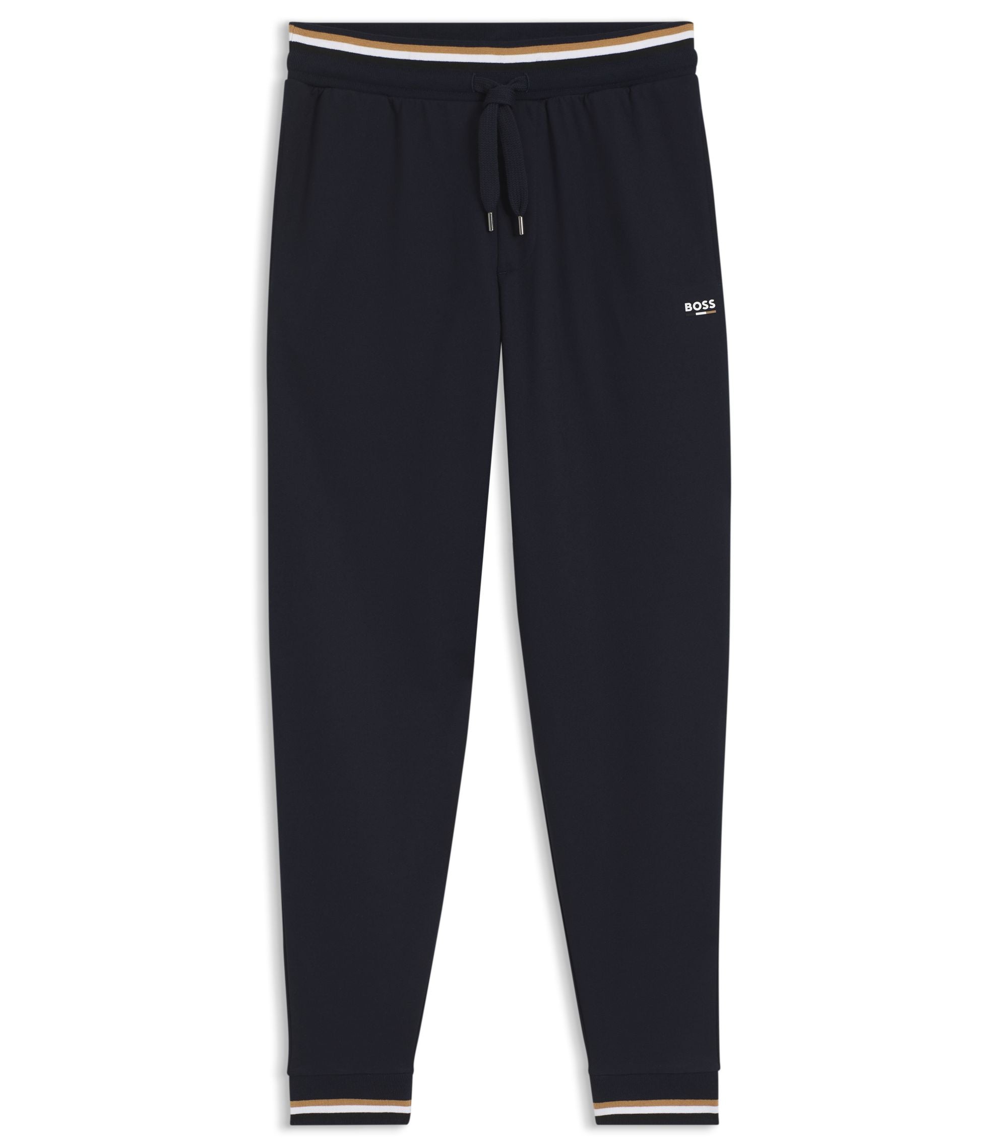 Boss Cotton Terry Tracksuit Bottoms With Signature Stripes And Logo Dark Blue
