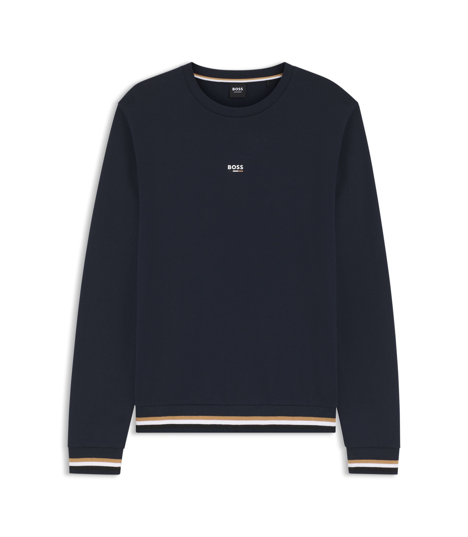 Boss Cotton Terry Sweatshirt With Logo And Signature Stripes Dark Blue