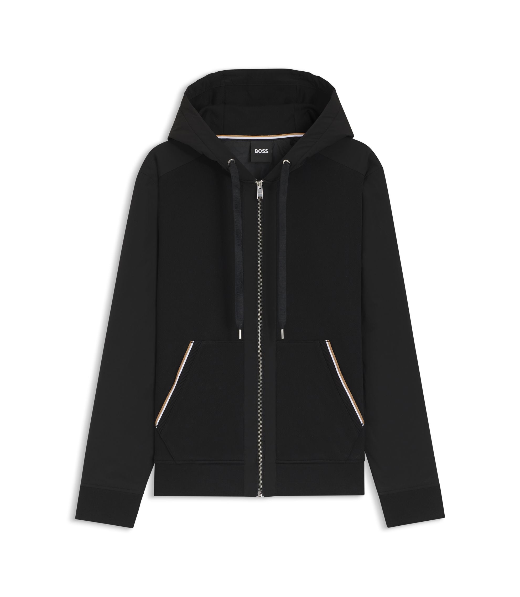 Boss Cotton Terry Zip Up Hoodie With Signature Stripe Trims Black