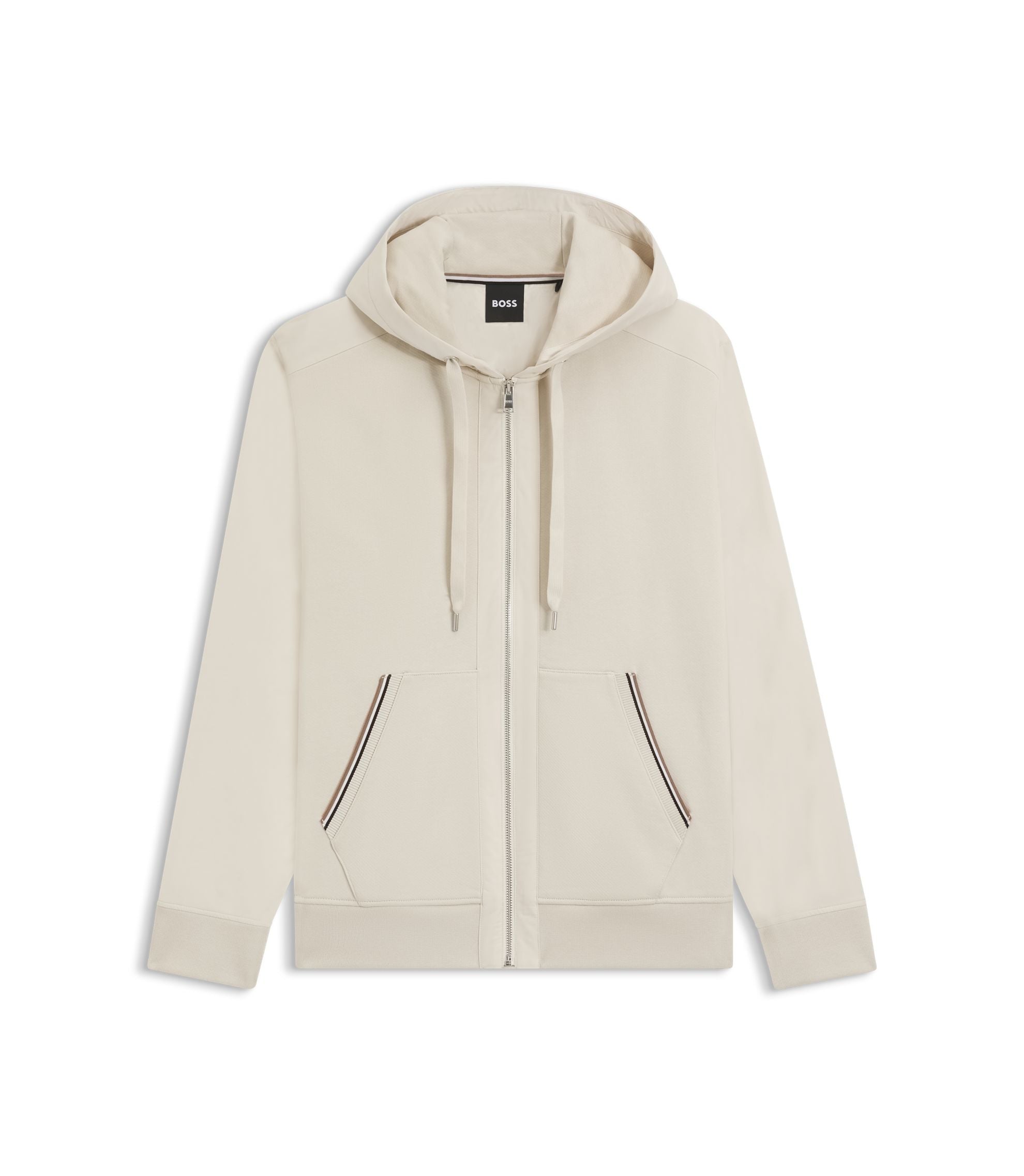 Boss Cotton Terry Zip Up Hoodie With Signature Stripe Trims White