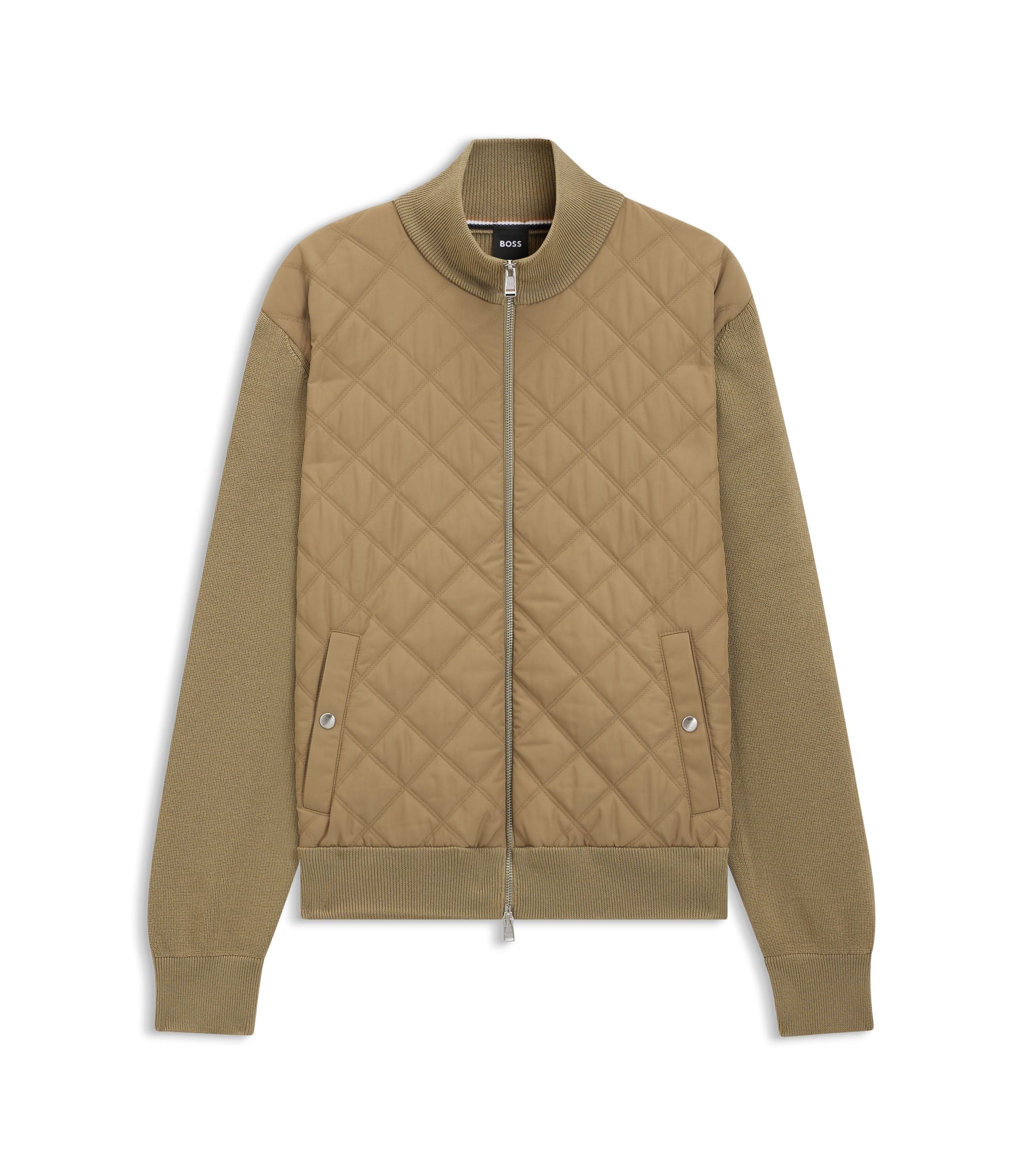 Boss Quilted Front Jacket In Knitted Wool Khaki
