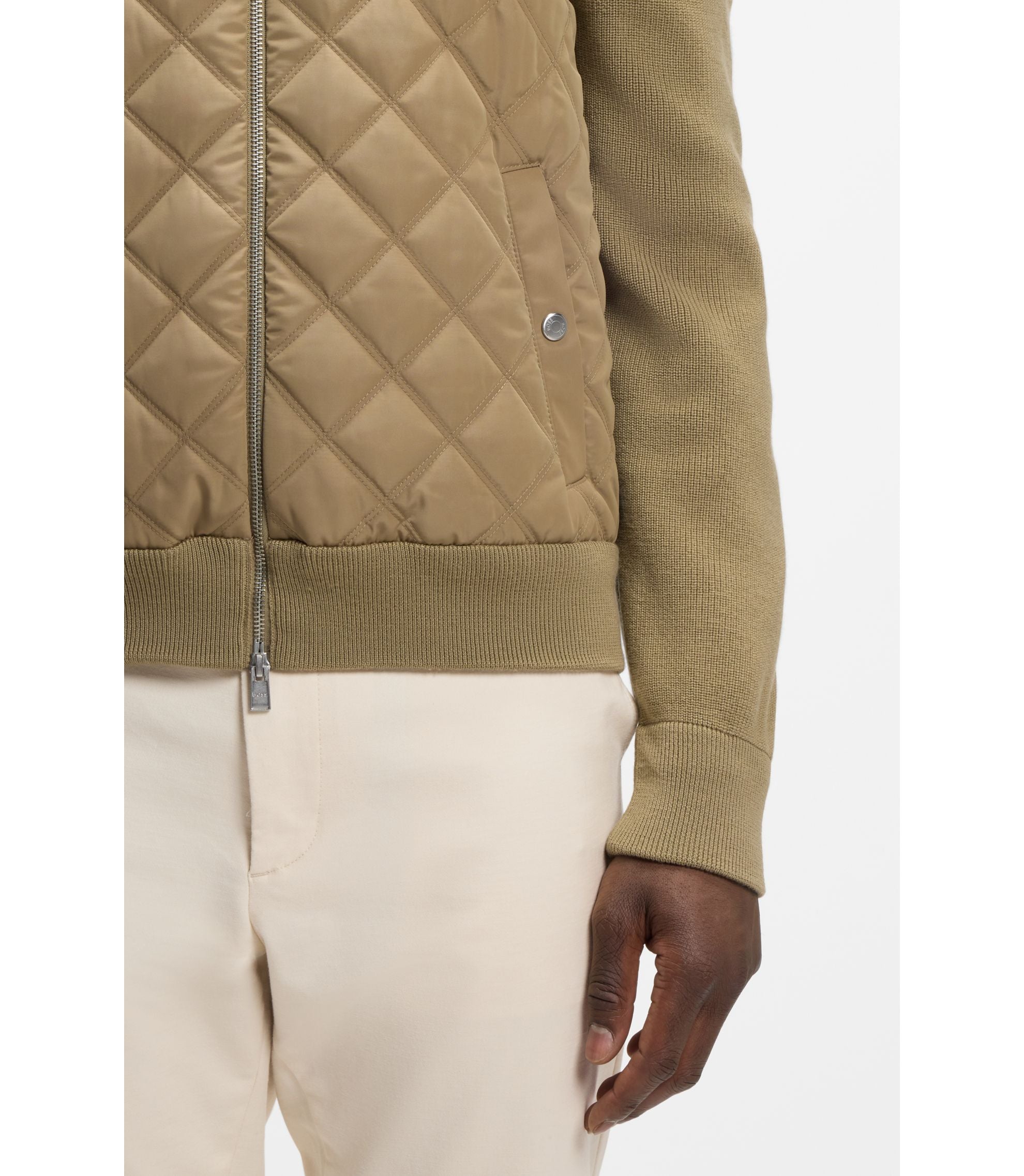 Boss Quilted Front Jacket In Knitted Wool Khaki