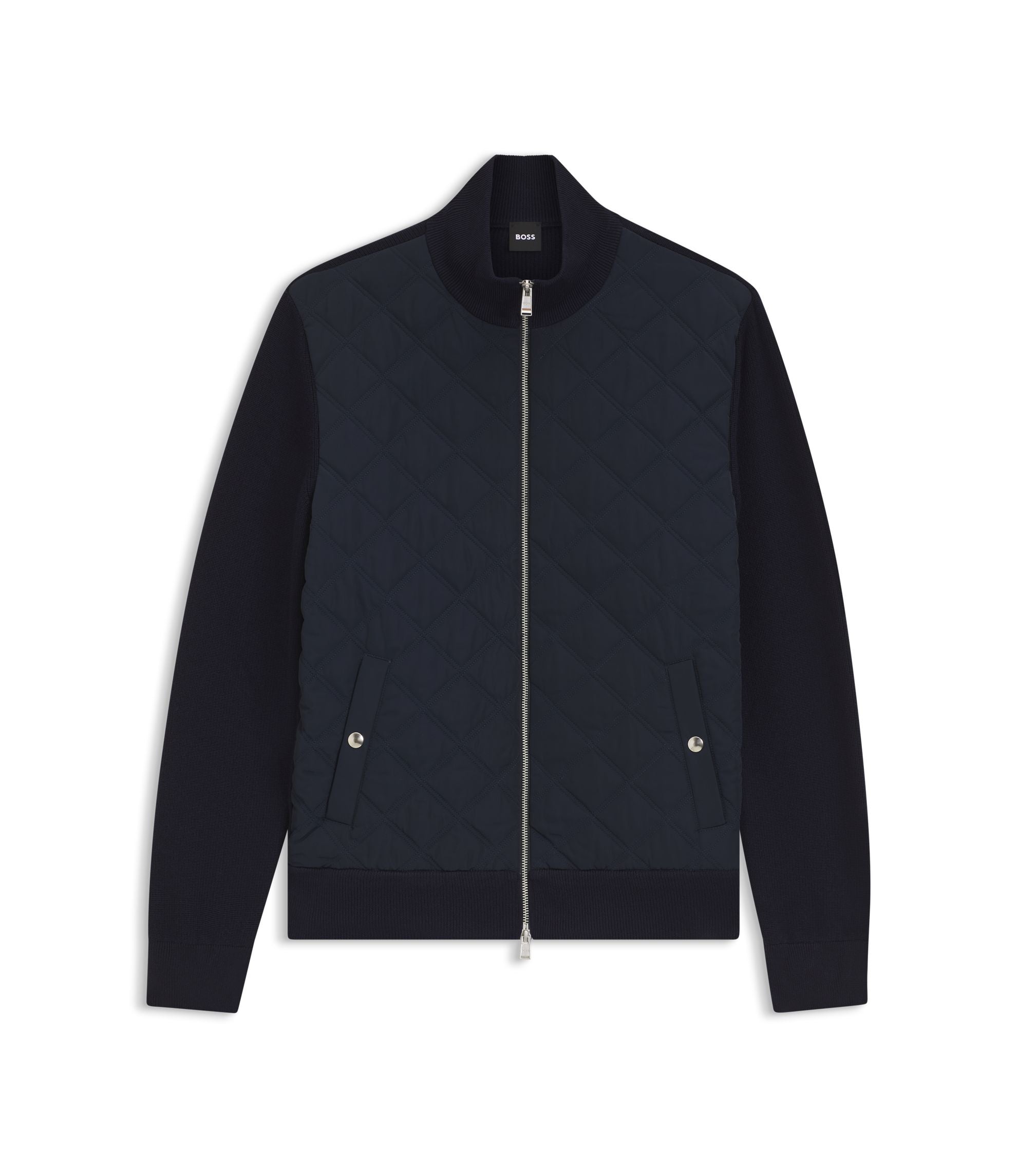 Boss Quilted Front Jacket In Knitted Wool Dark Blue