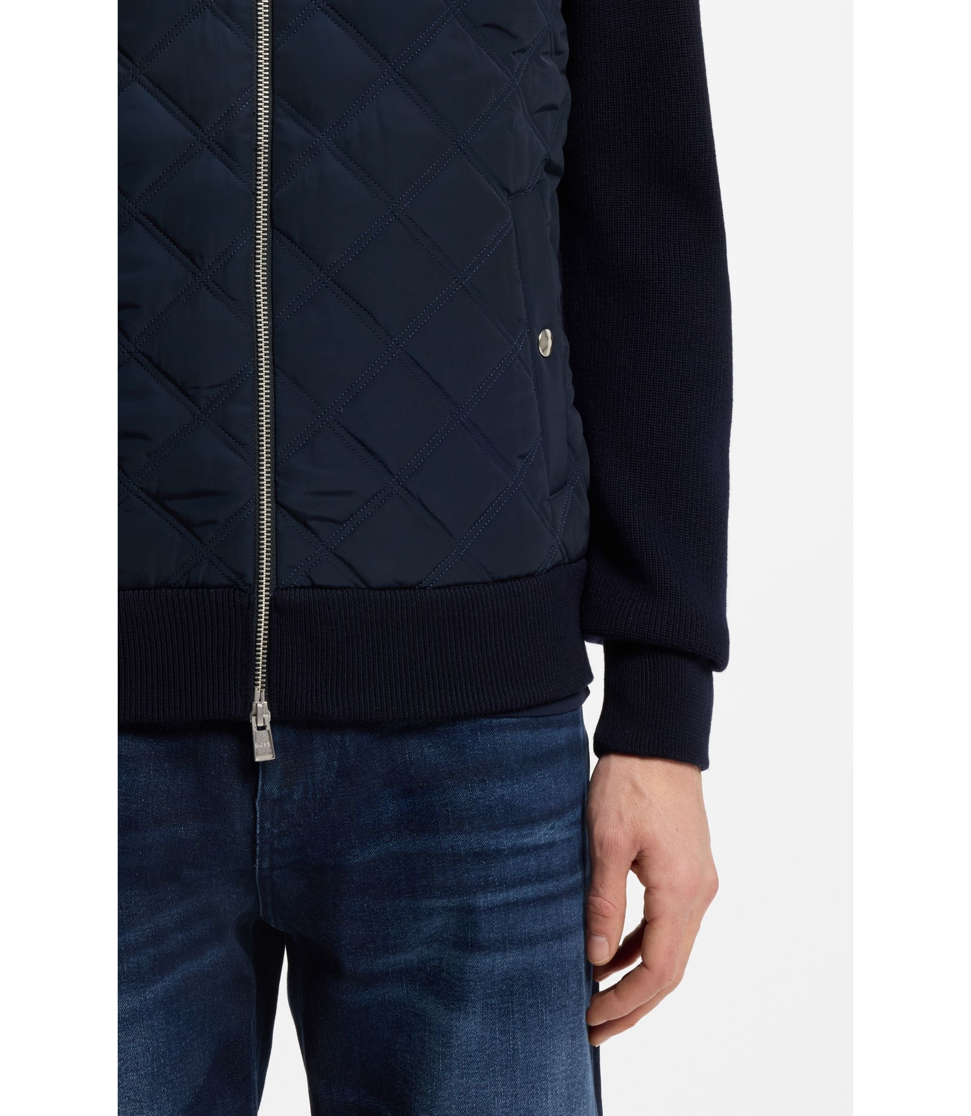 Boss Quilted Front Jacket In Knitted Wool Dark Blue