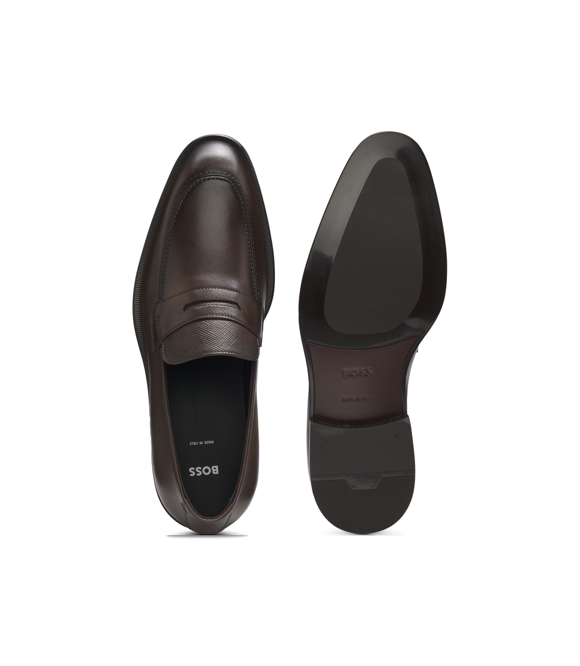 Boss Textured Tongue Loafers In Leather Dark Brown Dark Brown